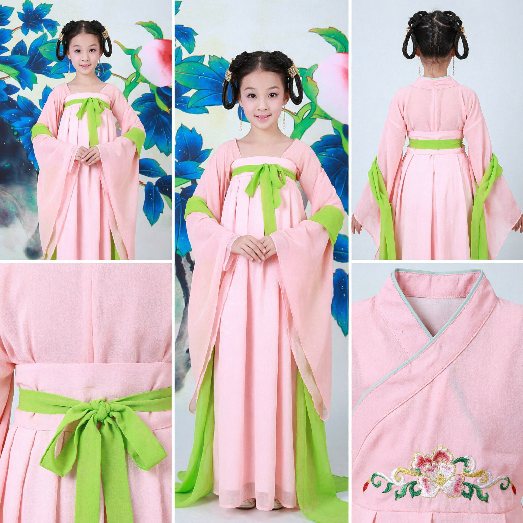 Kids Pink and Green Tang Dynasty Hanfu Traditional Chinese Ancient Costume Dress for Girls Performance