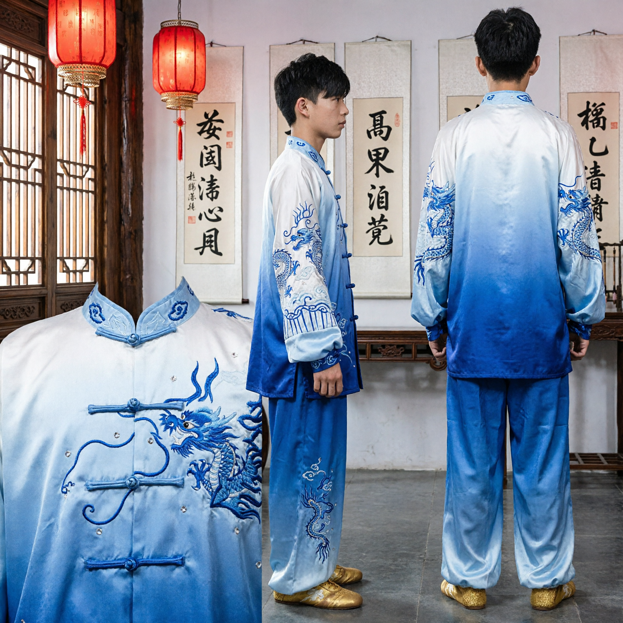 Men's Gradient Blue Dragon Embroidered Kung Fu Uniform Traditional Silk Tai Chi Wushu Costume for Performance