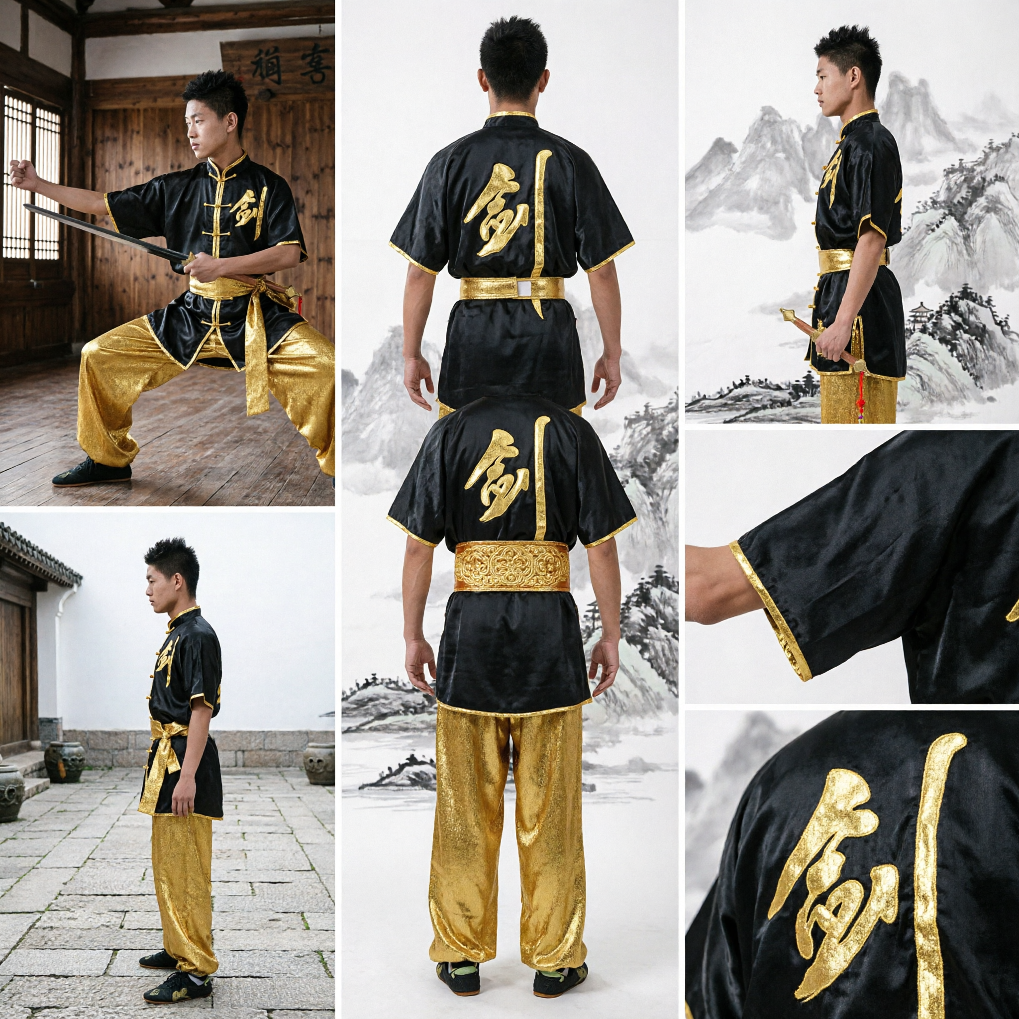 Men's Wushu Uniform Set Black Top Gold Pants Traditional Kung Fu Costume for Martial Arts Performance