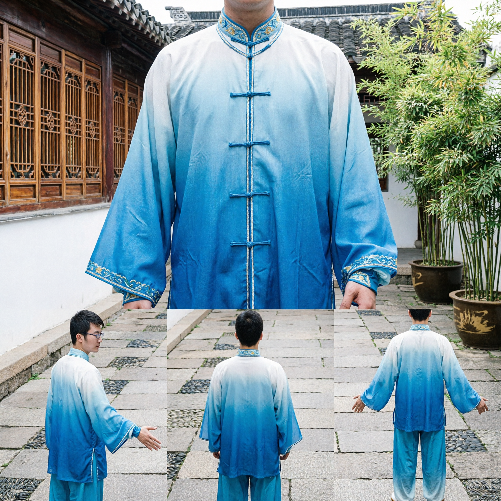 Men's Gradient Blue Silk Tai Chi Uniform Traditional Kung Fu Martial Arts Clothing Set for Performance