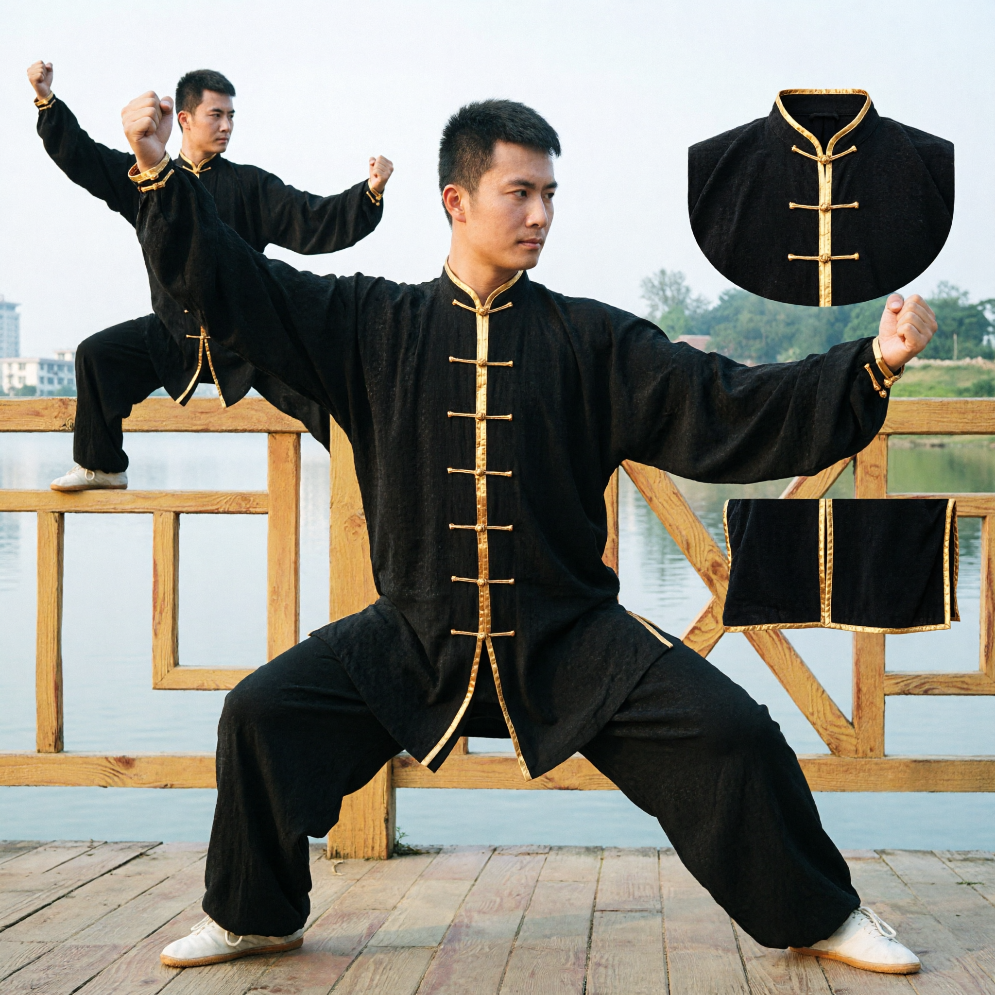 Men's Traditional Kung Fu Uniform Black Martial Arts Tai Chi Suit with Gold Frog Buttons for Practice