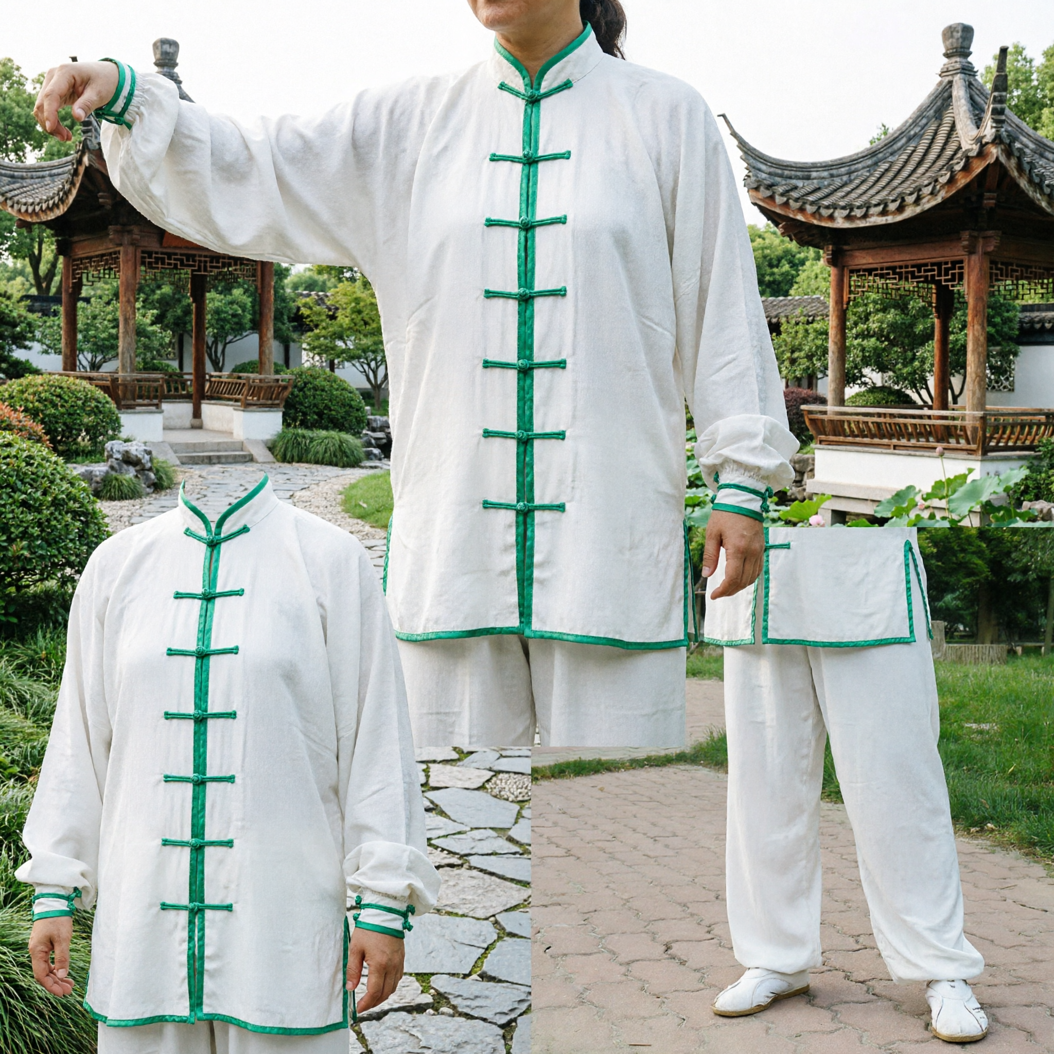 White Tai Chi Uniform for Women with Green Trim Traditional Kung Fu Suit for Martial Arts Practice