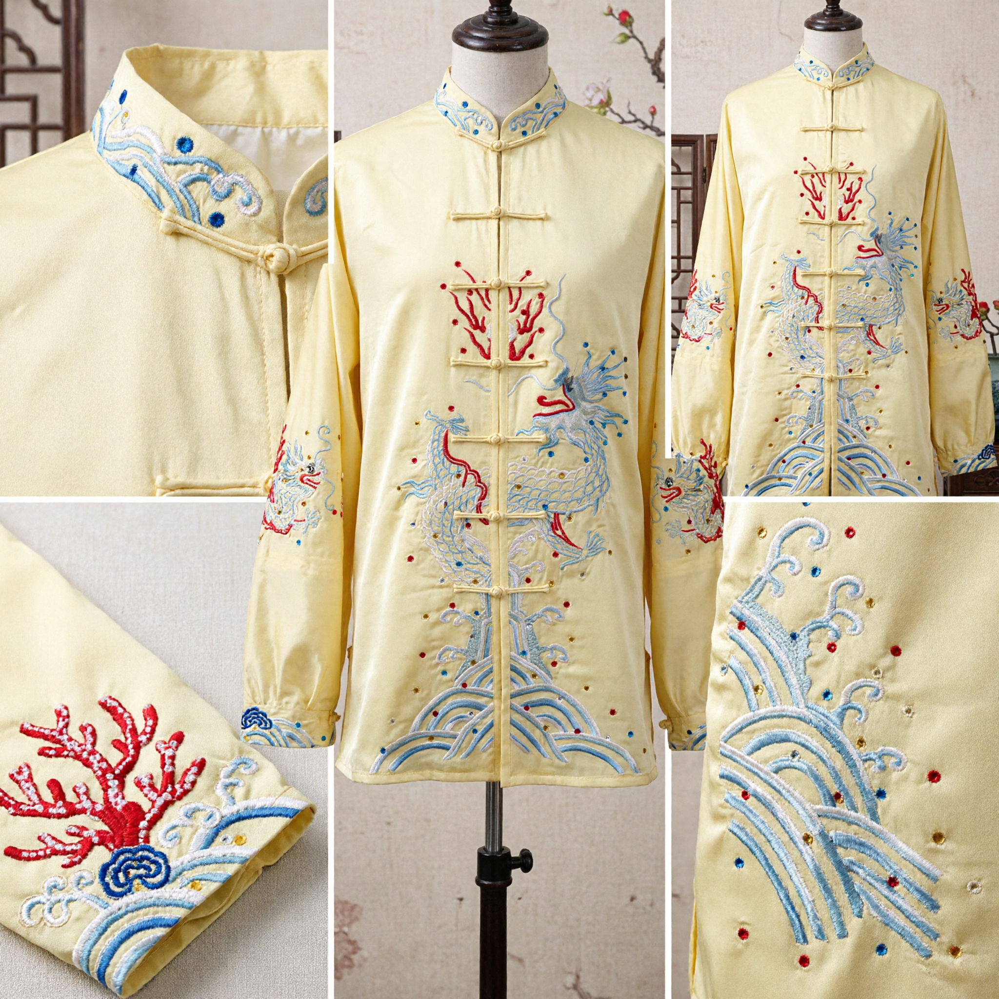 Elegant Yellow Dragon Embroidery Tai Chi Suit Traditional Kung Fu Uniform Martial Arts Performance Costume