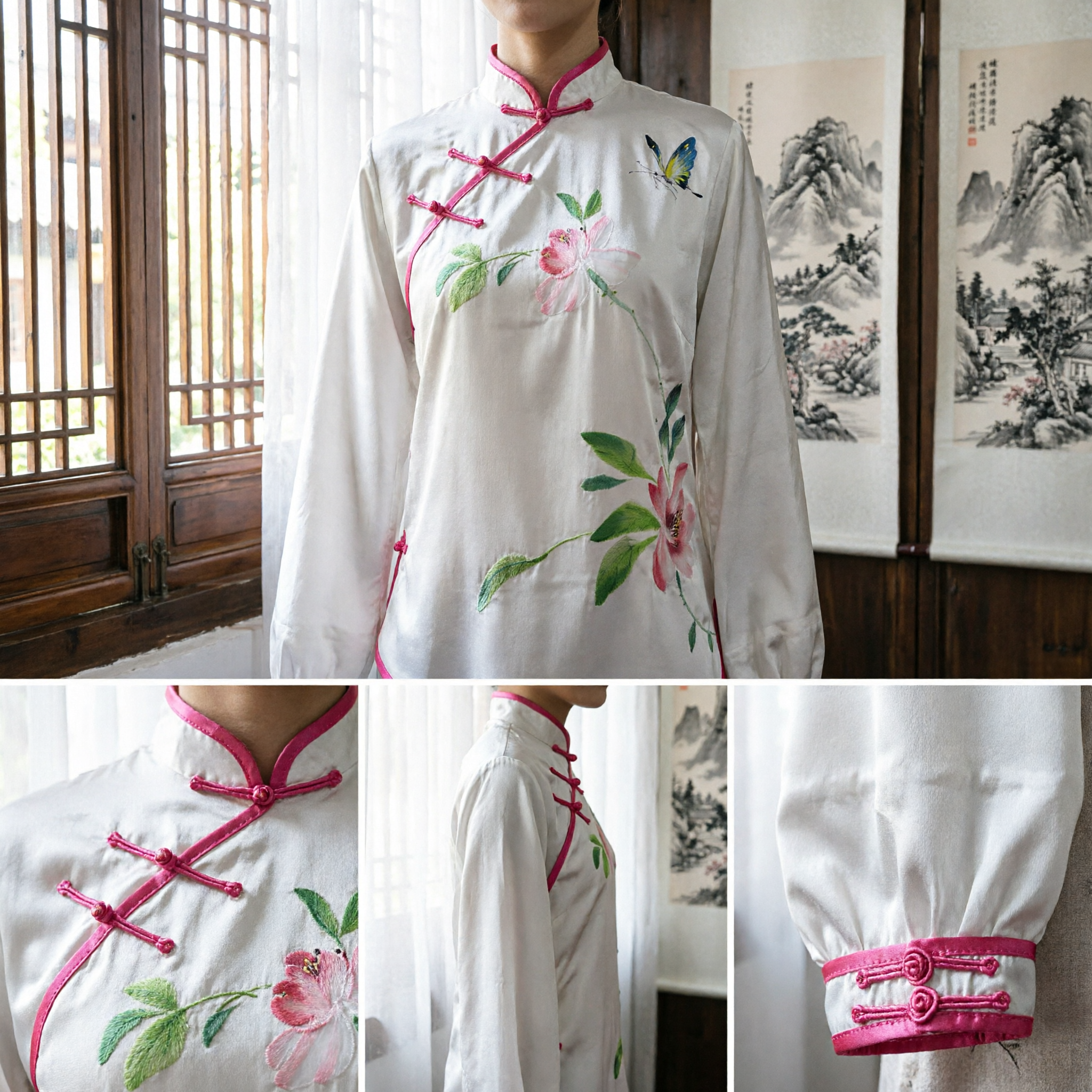 Elegant Traditional Chinese Silk Pajama Set Women Floral Print Long Sleeve Top and Pants Loungewear