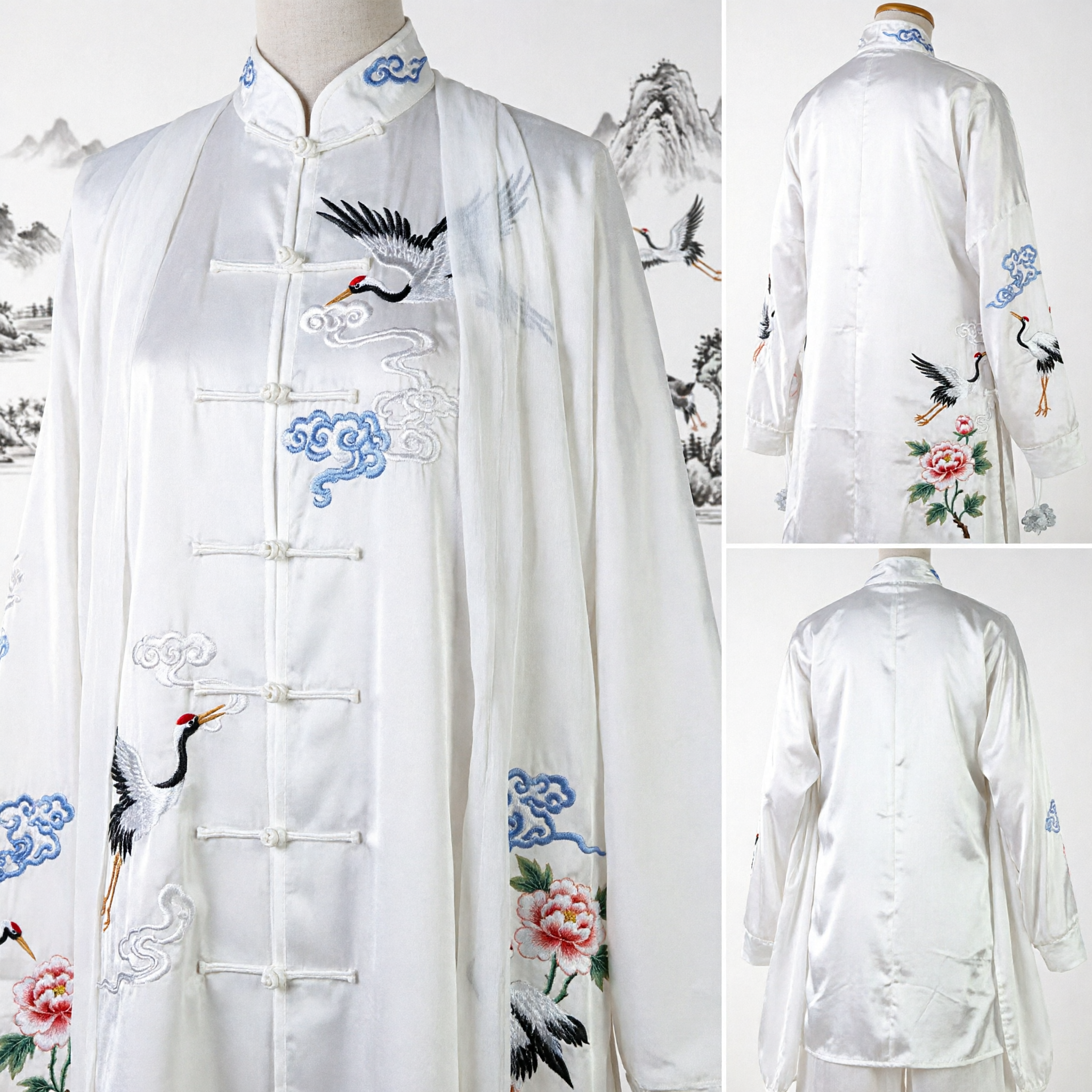 White Silk Tai Chi Kung Fu Suit Traditional Chinese Crane Embroidery Martial Arts Uniform Set for Men Women