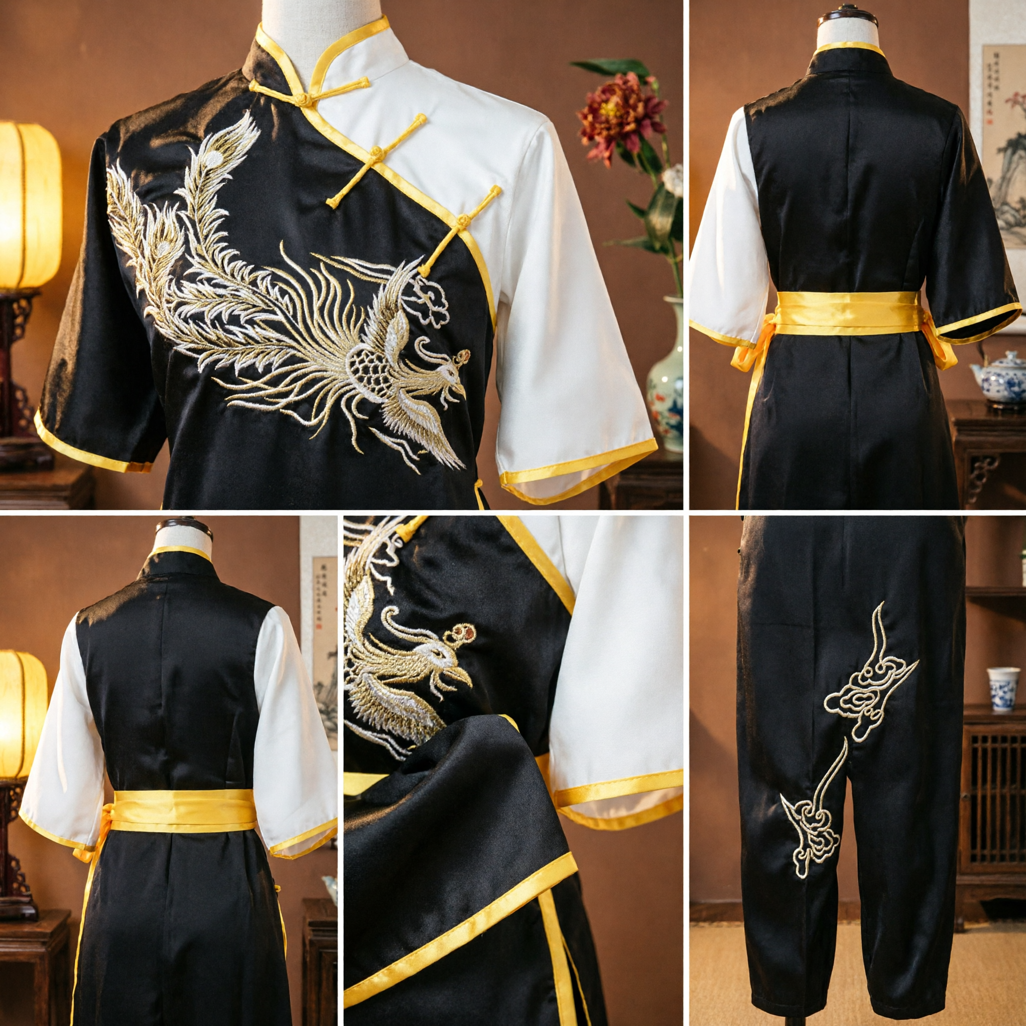 Traditional Chinese Kung Fu Uniform Black and White Satin Martial Arts Tai Chi Costume Set with Phoenix Embroidery