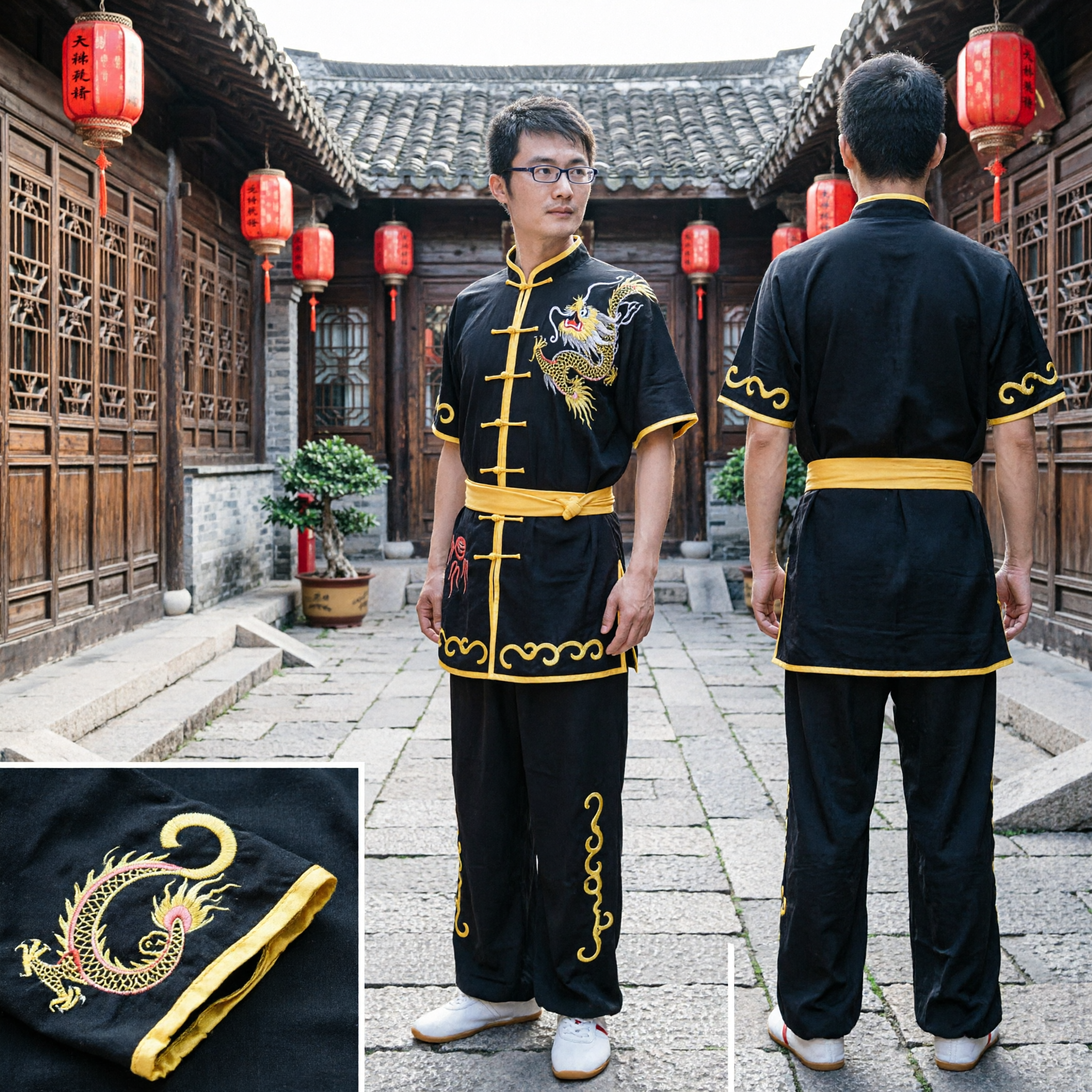 Men's Black Dragon Embroidered Kung Fu Uniform Traditional Wushu Tai Chi Martial Arts Costume Set