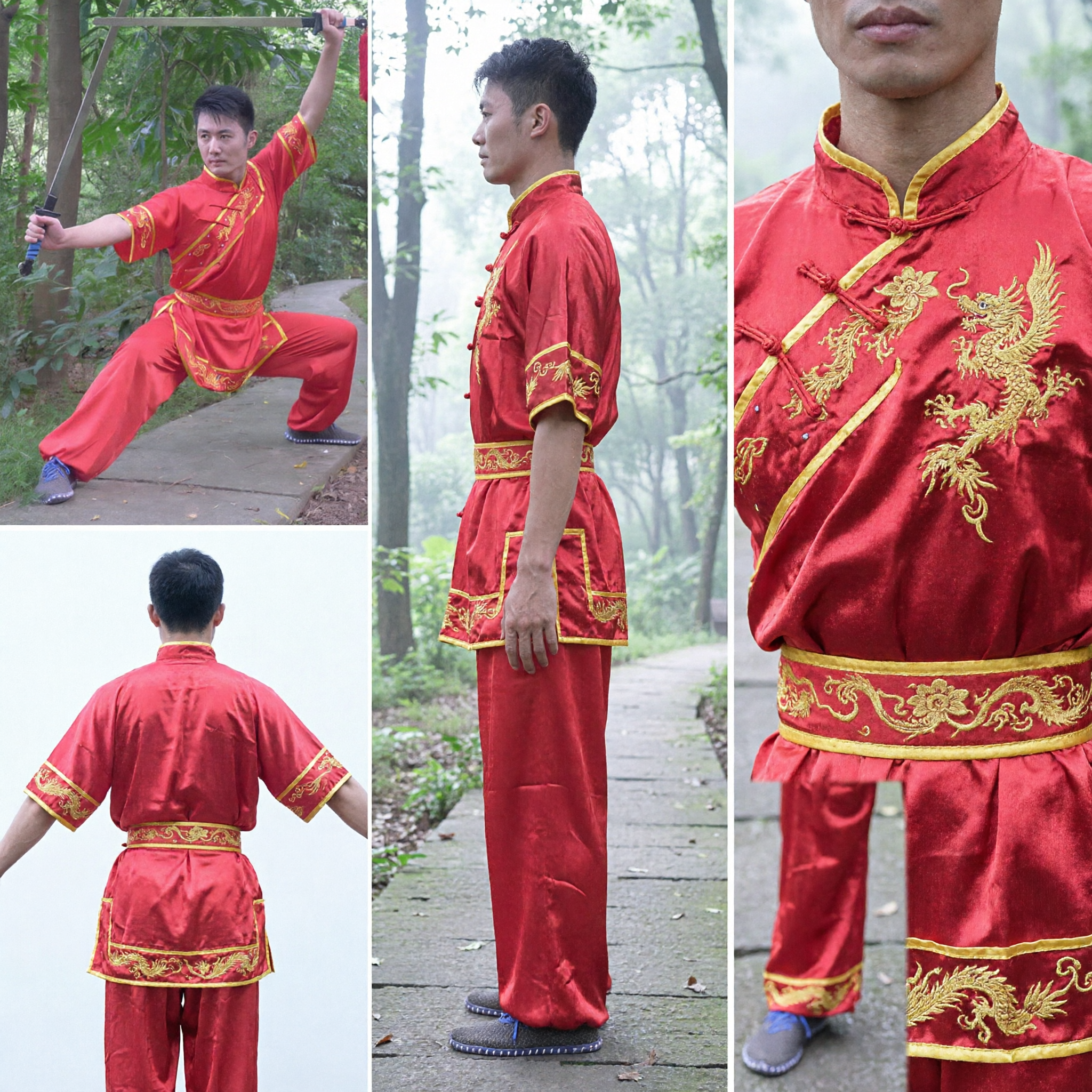 Traditional Red Silk Kung Fu Uniform Set with Mandarin Duck Double Sword for Wushu Performance