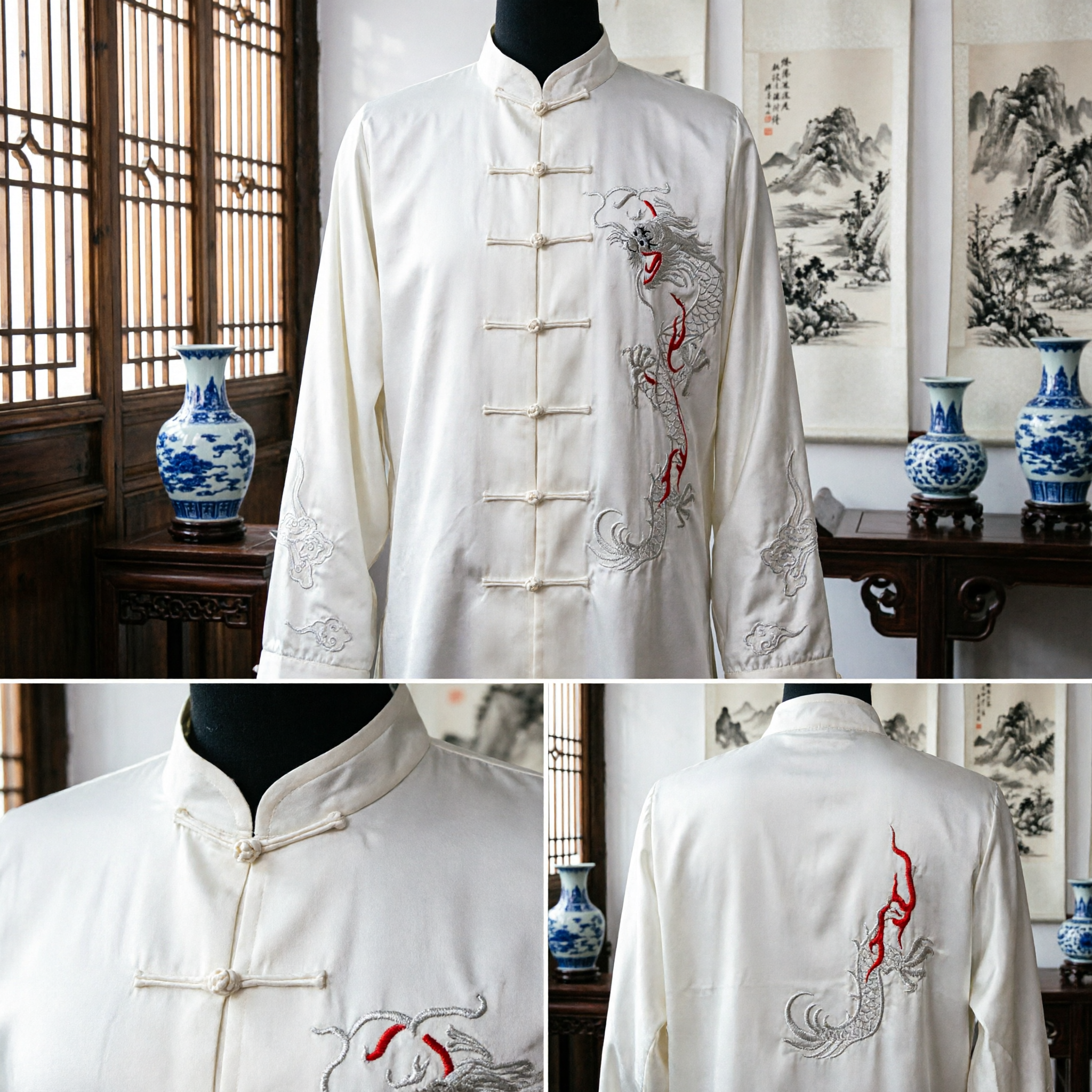 White Satin Dragon Embroidery Tai Chi Uniform Traditional Chinese Kung Fu Wushu Martial Arts Suit for Men