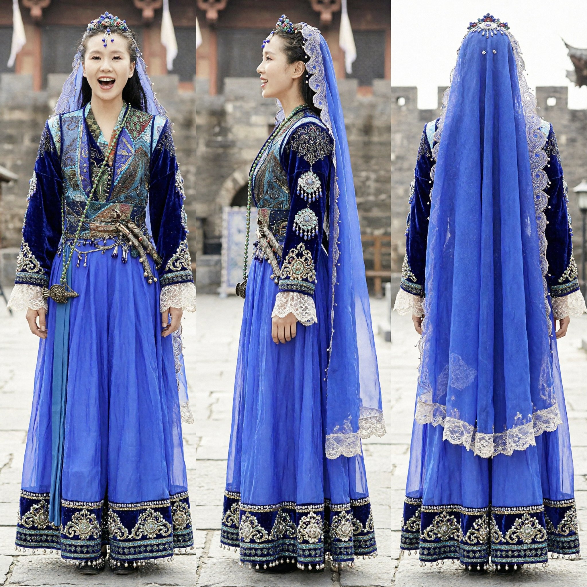 Blue Tang Dynasty Style Hanfu Chinese Traditional Costume with Embroidered Veil for Women Cosplay and Dance Performance