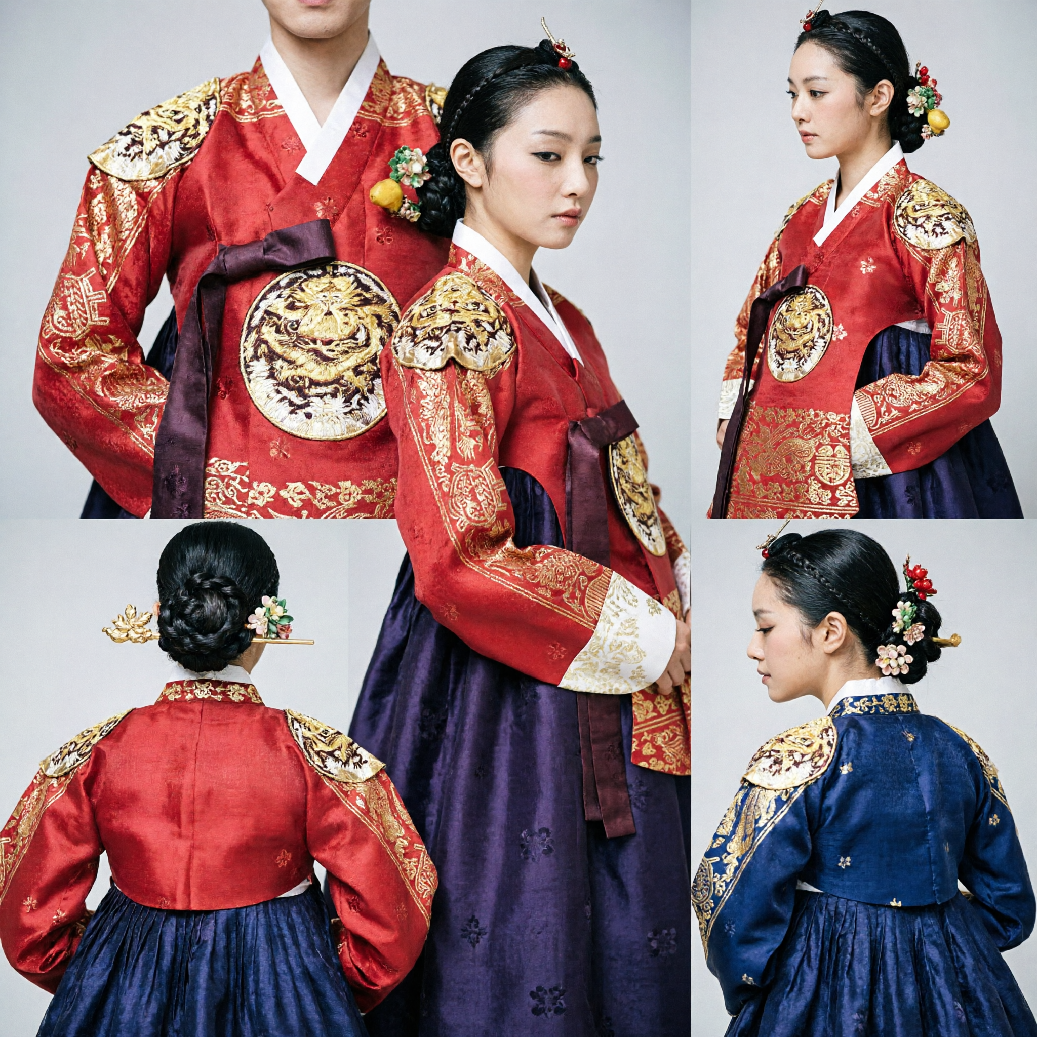Women's Red and Purple Korean Hanbok Traditional Dress with Gold Dragon Embroidery for Special Occasions