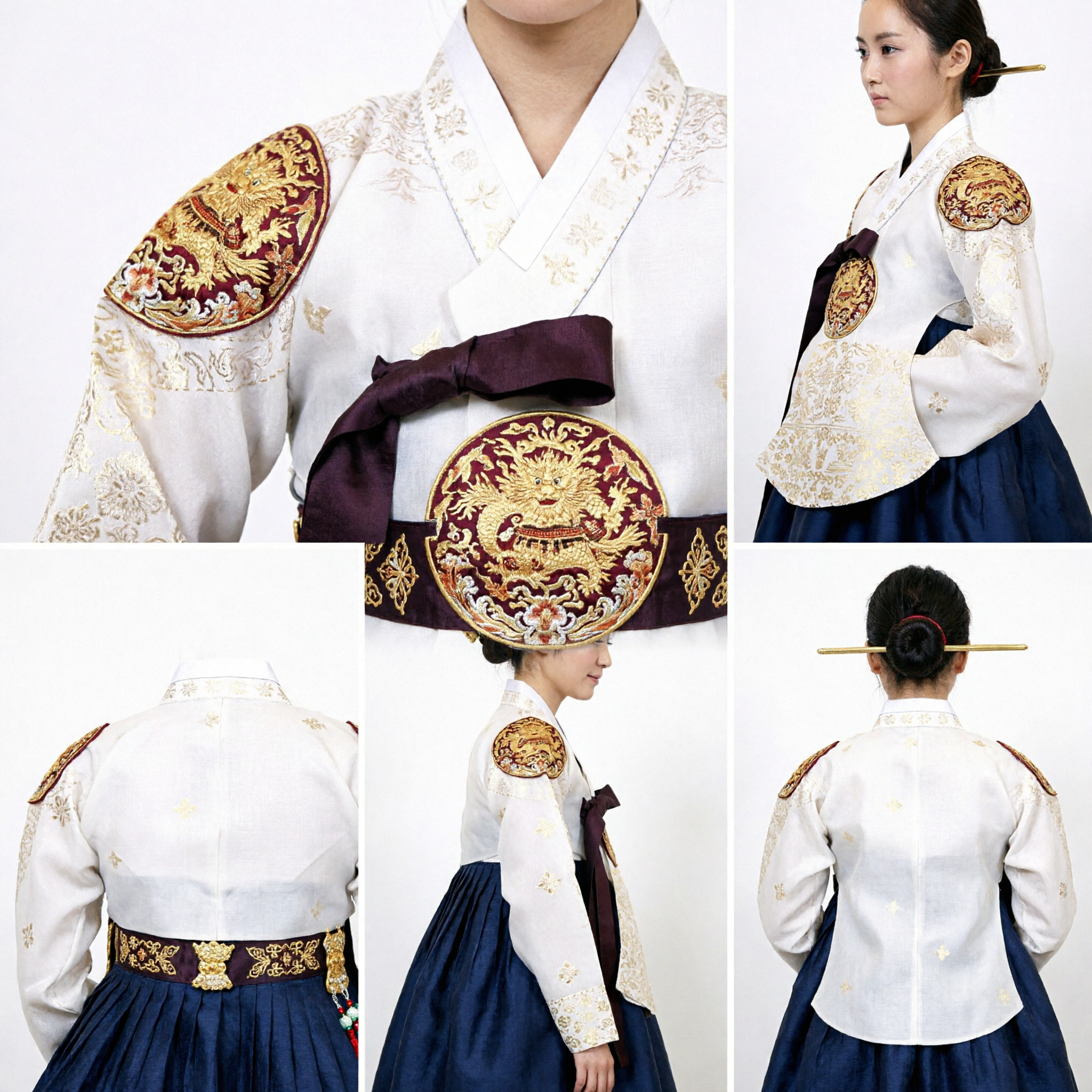 Elegant Traditional Korean Royal Hanbok Dress for Women with Gold Embroidery and Navy Skirt for Ceremonies