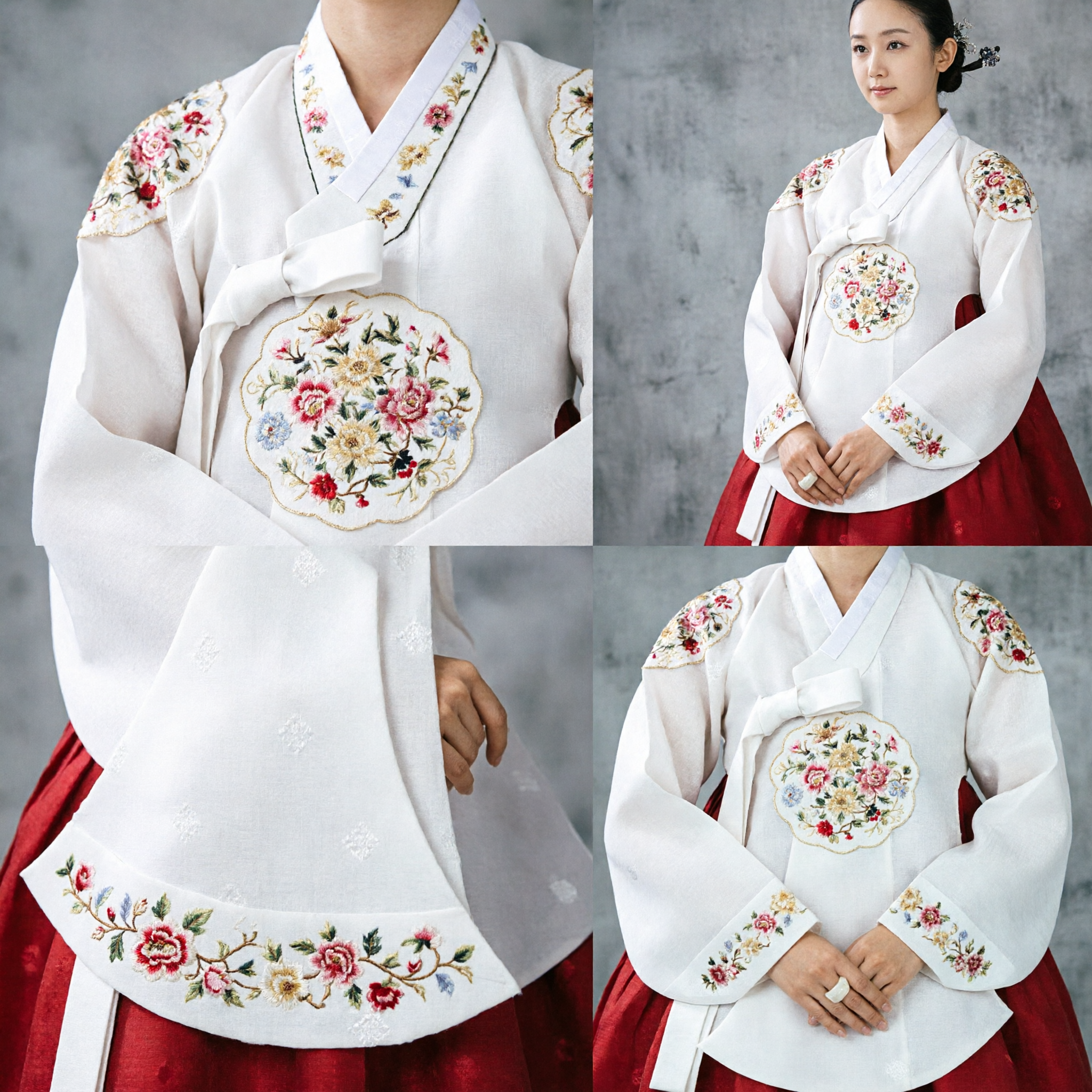 Traditional Korean Hanbok Dress for Women Elegant White Embroidered Jeogori and Red Chima Palace Style Costume