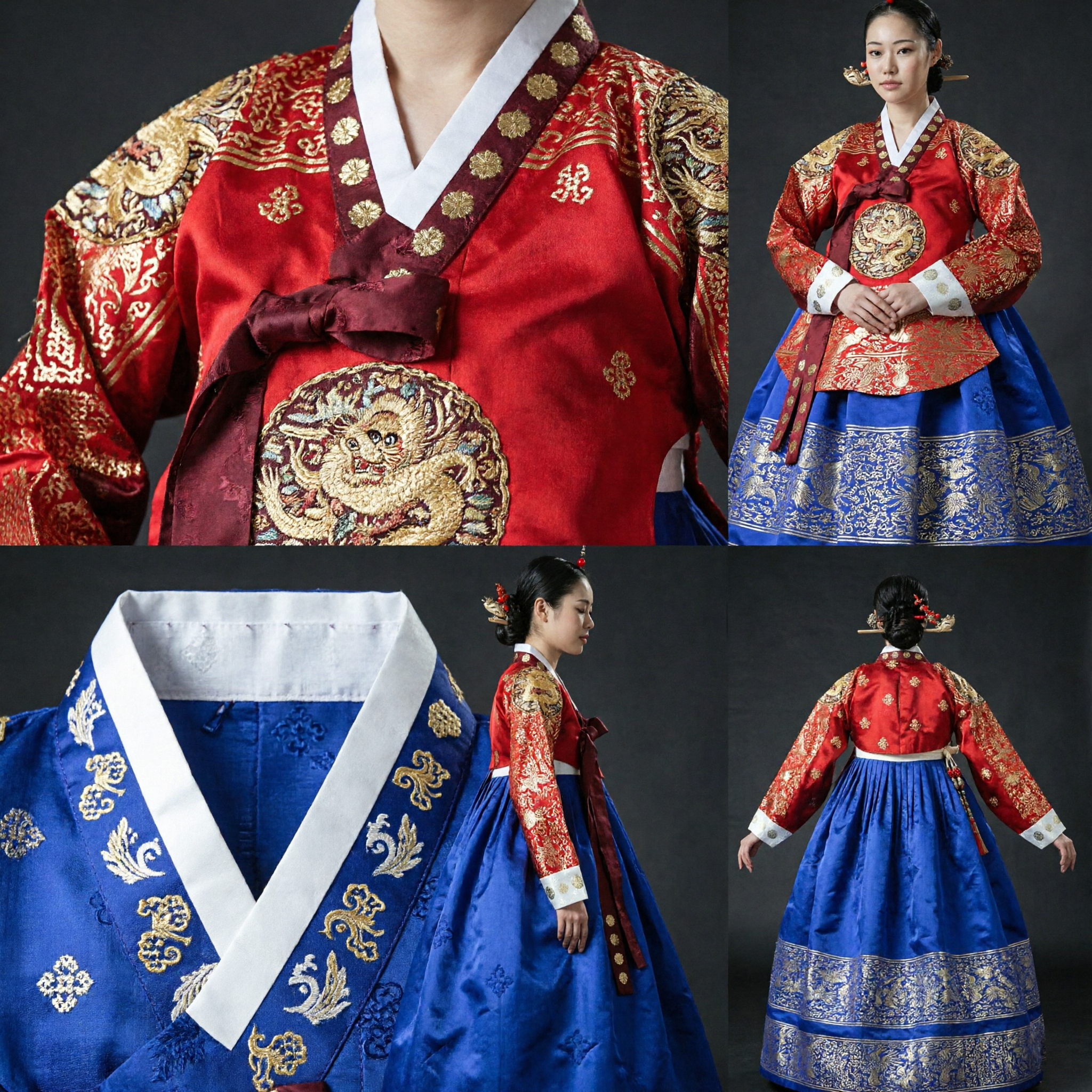 Women's Traditional Korean Hanbok Red and Blue Royal Wedding Dress with Gold Phoenix and Crane Embroidery