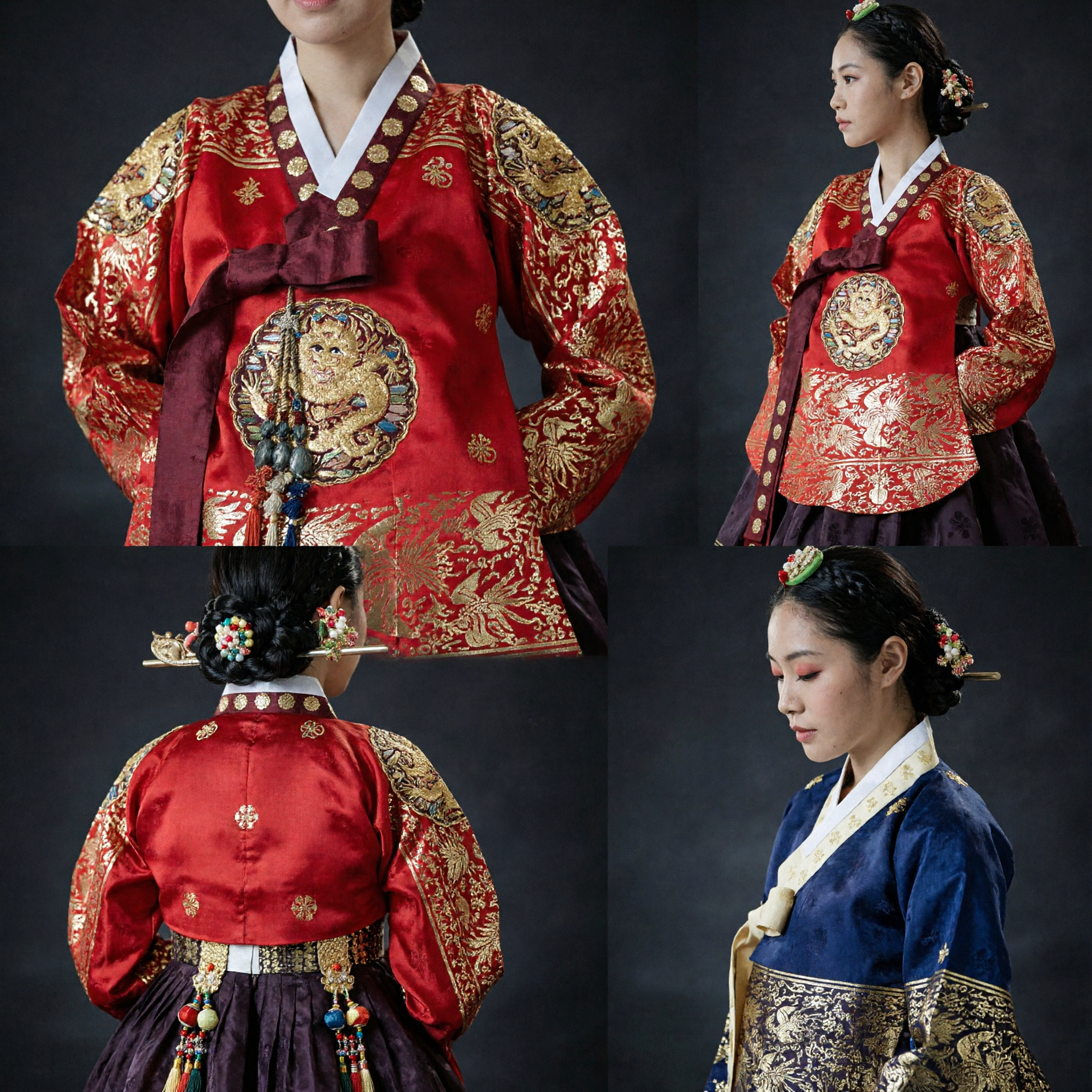 Traditional Korean Royal Hanbok Dress for Women Red and Purple Gold Embroidered Wedding Ceremony Costume