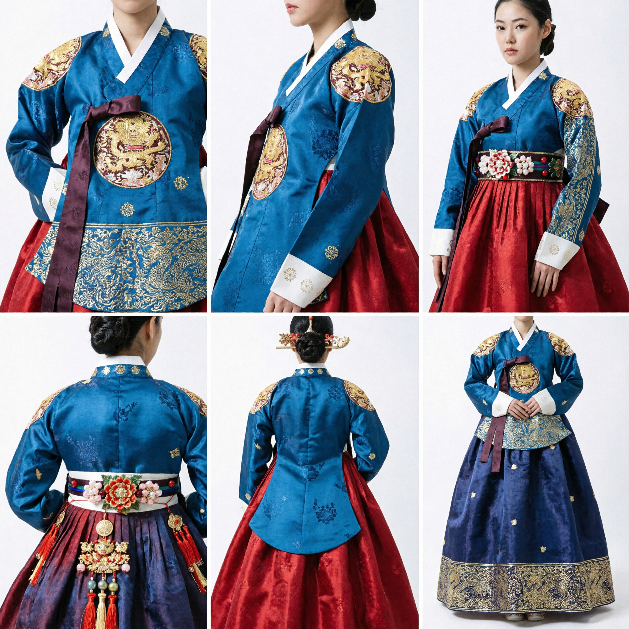 Authentic Korean Hanbok Traditional Dress for Women Royal Court Ceremony Blue Top Red Skirt Gold Embroidery