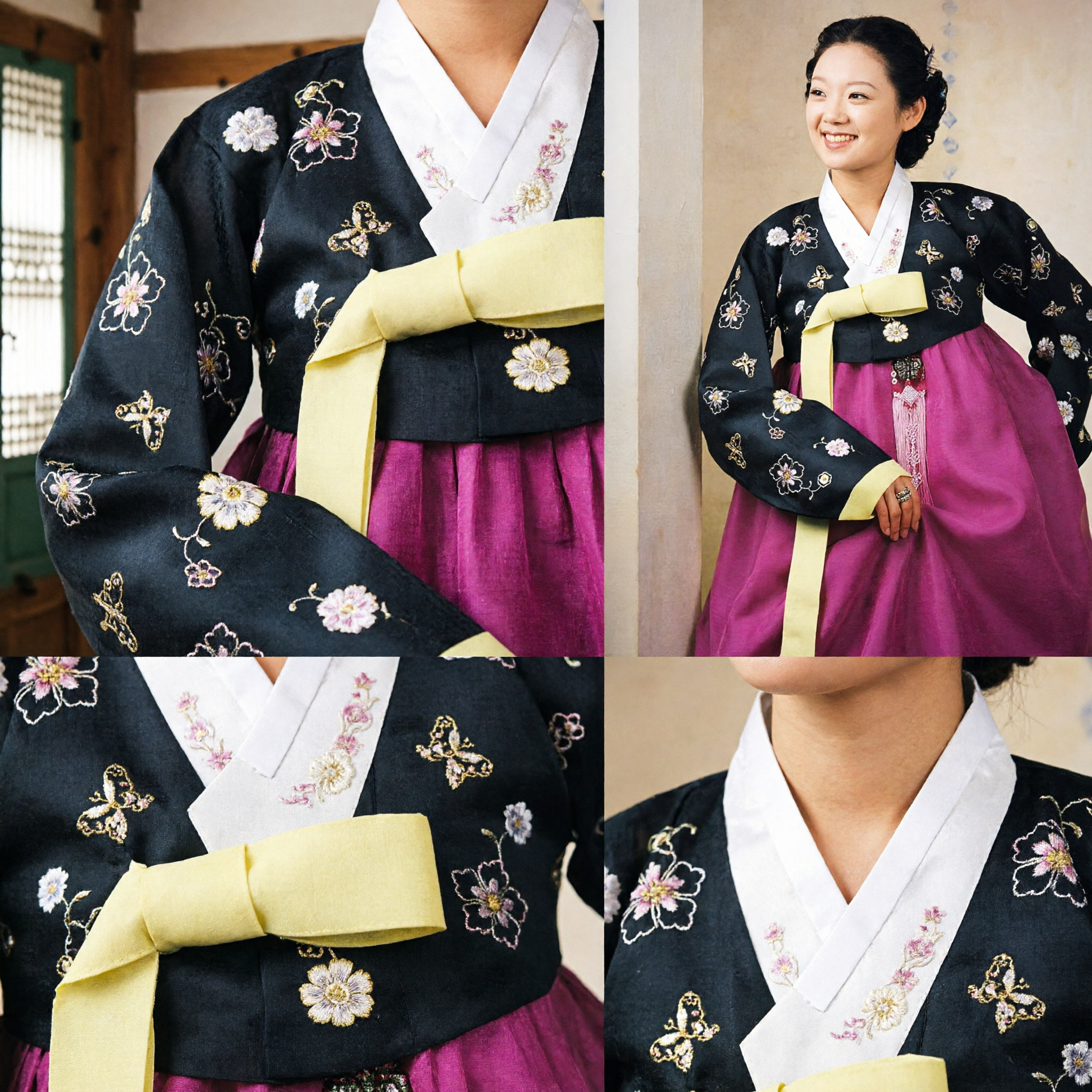 Elegant Korean Hanbok Traditional Dress for Women Black Floral Embroidered Jeogori and Pink Chima Set