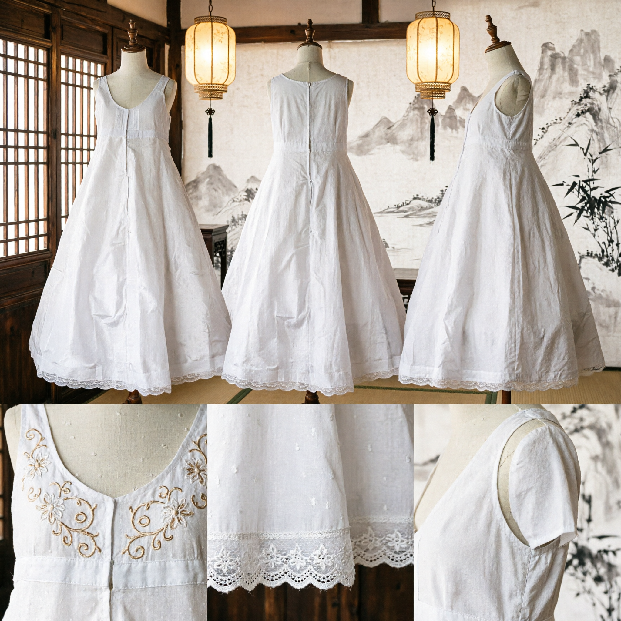 White Floor-Length Satin Petticoat Underskirt for Girls with Lace Trim for Hanfu and Formal Wear