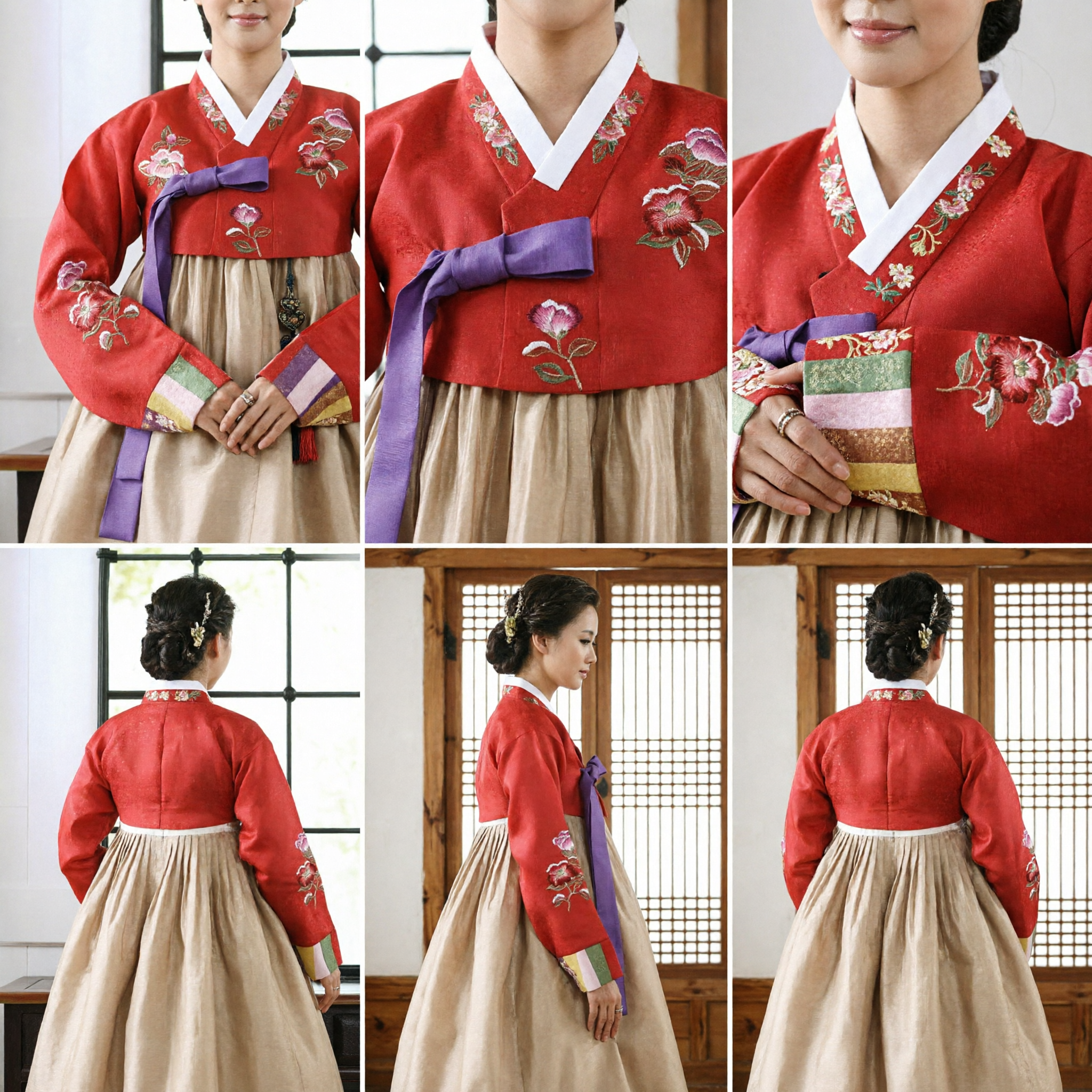 Women's Traditional Korean Hanbok Red Embroidered Jeogori and Beige Chima for Wedding and Festivals