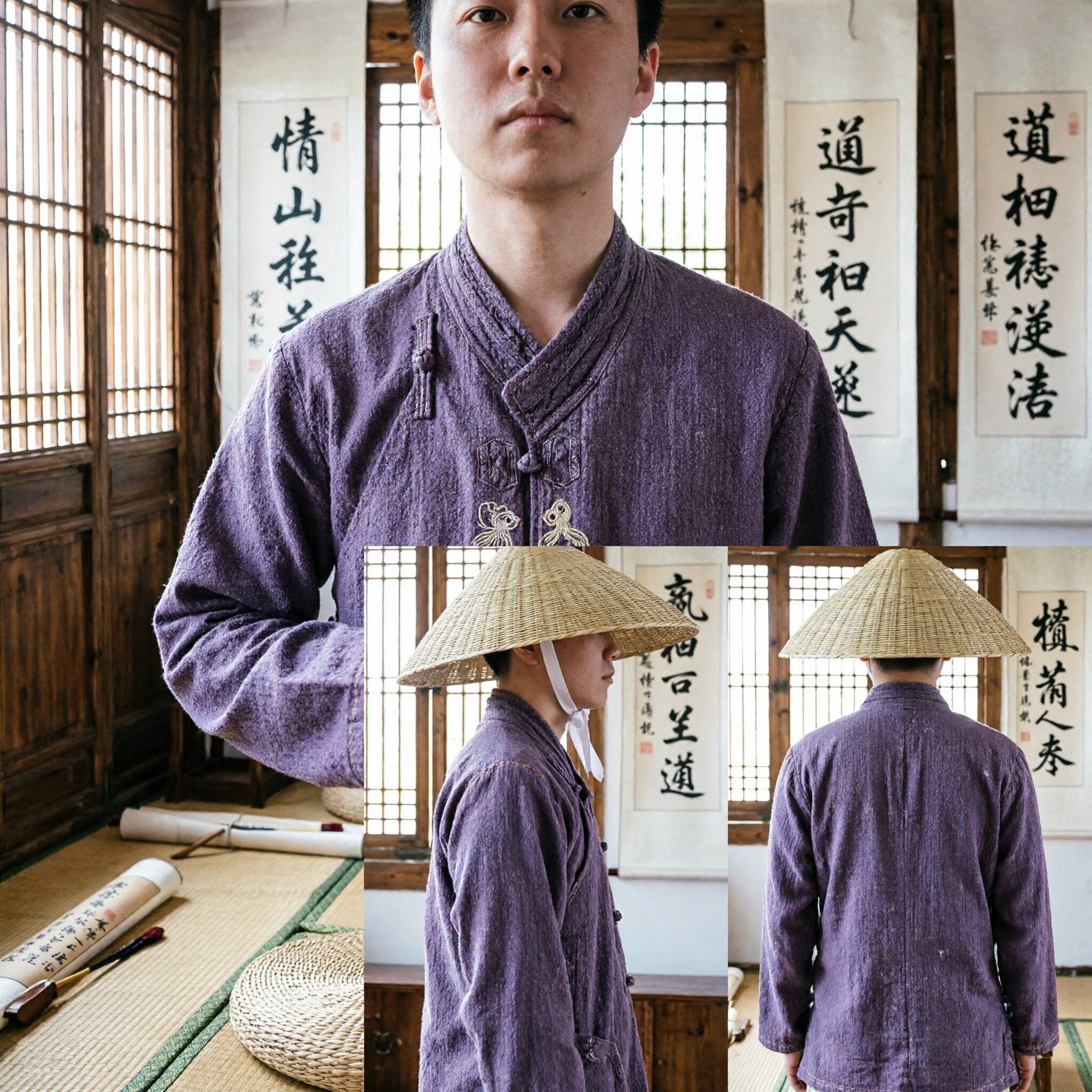 Traditional Chinese Conical Straw Hat Bamboo Woven Farmer Hat for Men Martial Arts Costume