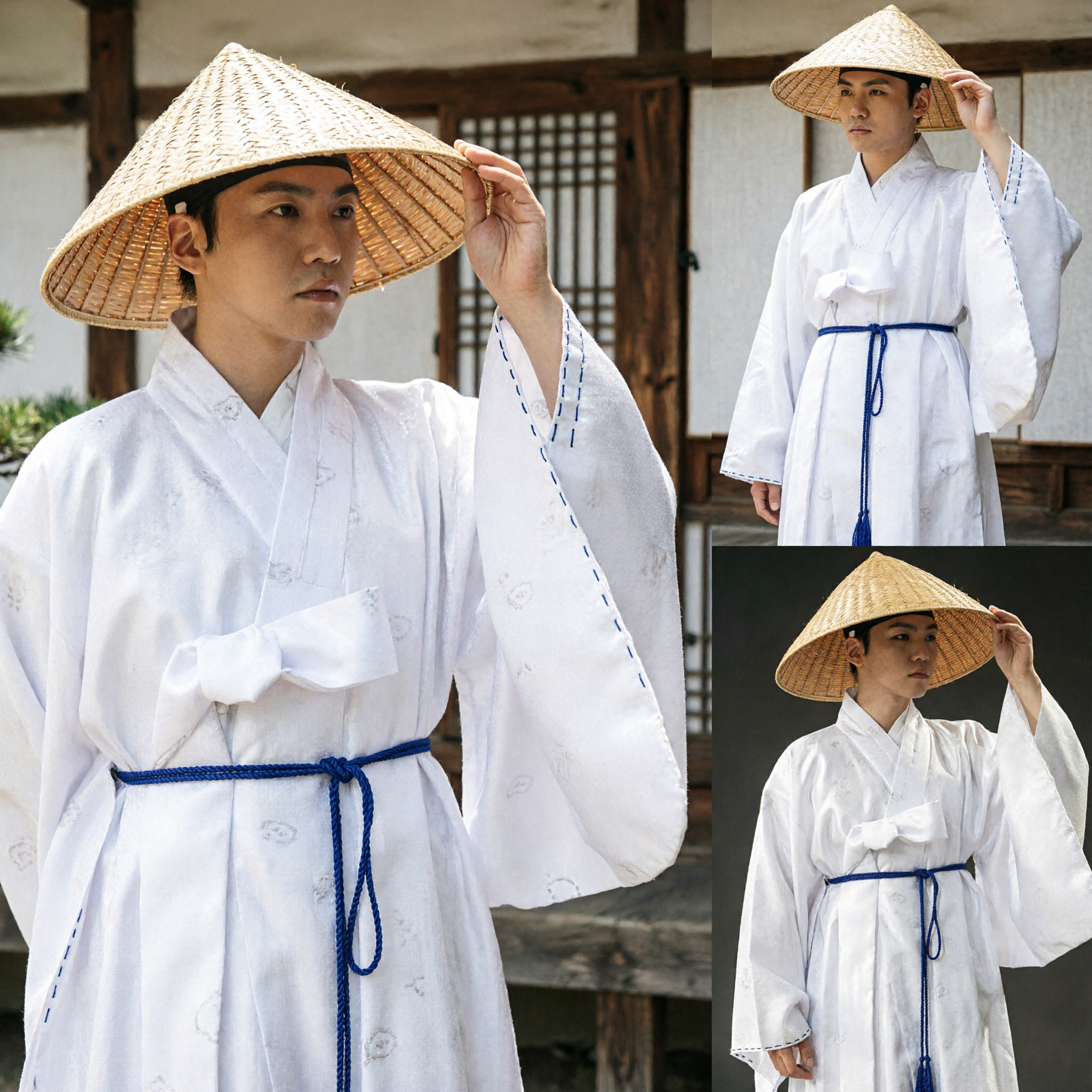 Men's Traditional Chinese Hanfu White Scholar Robe with Straw Hat Wuxia Swordsman Costume Set