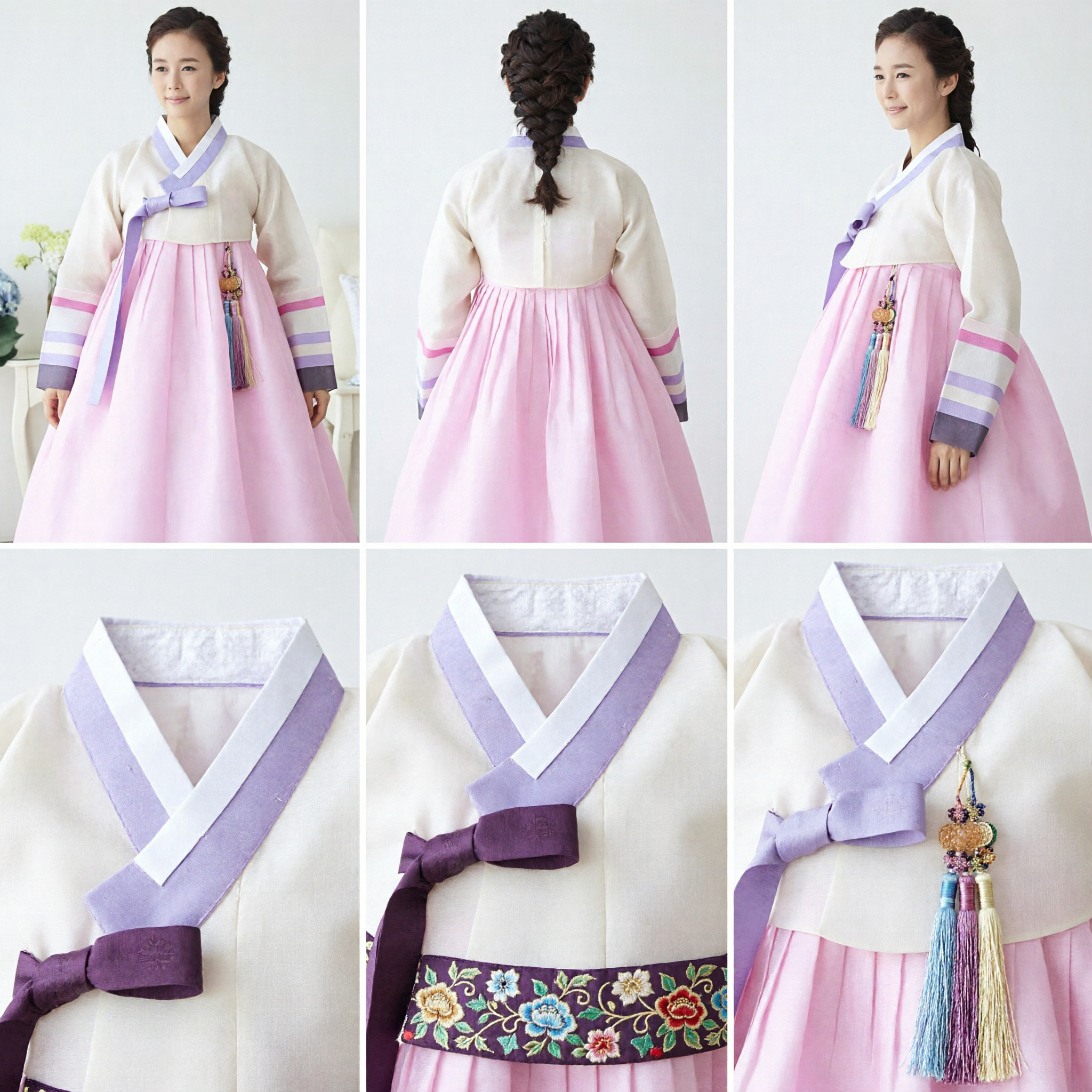 Women's Traditional Korean Hanbok Dress White Jeogori Pink Chima Colorful Sleeves for Wedding Party
