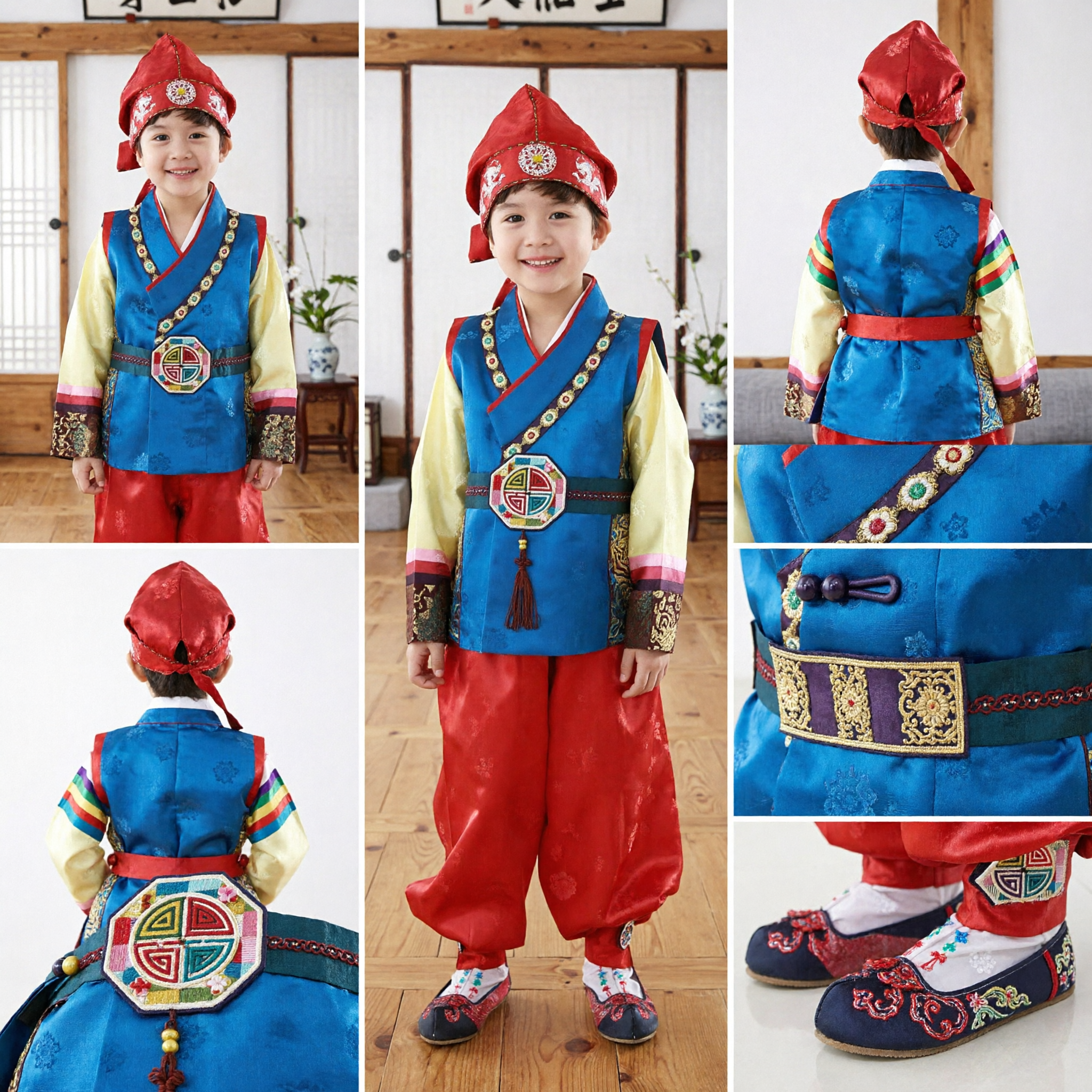 Traditional Korean Hanbok for Boys Blue Vest Red Pants Doljanchi First Birthday Wedding Costume