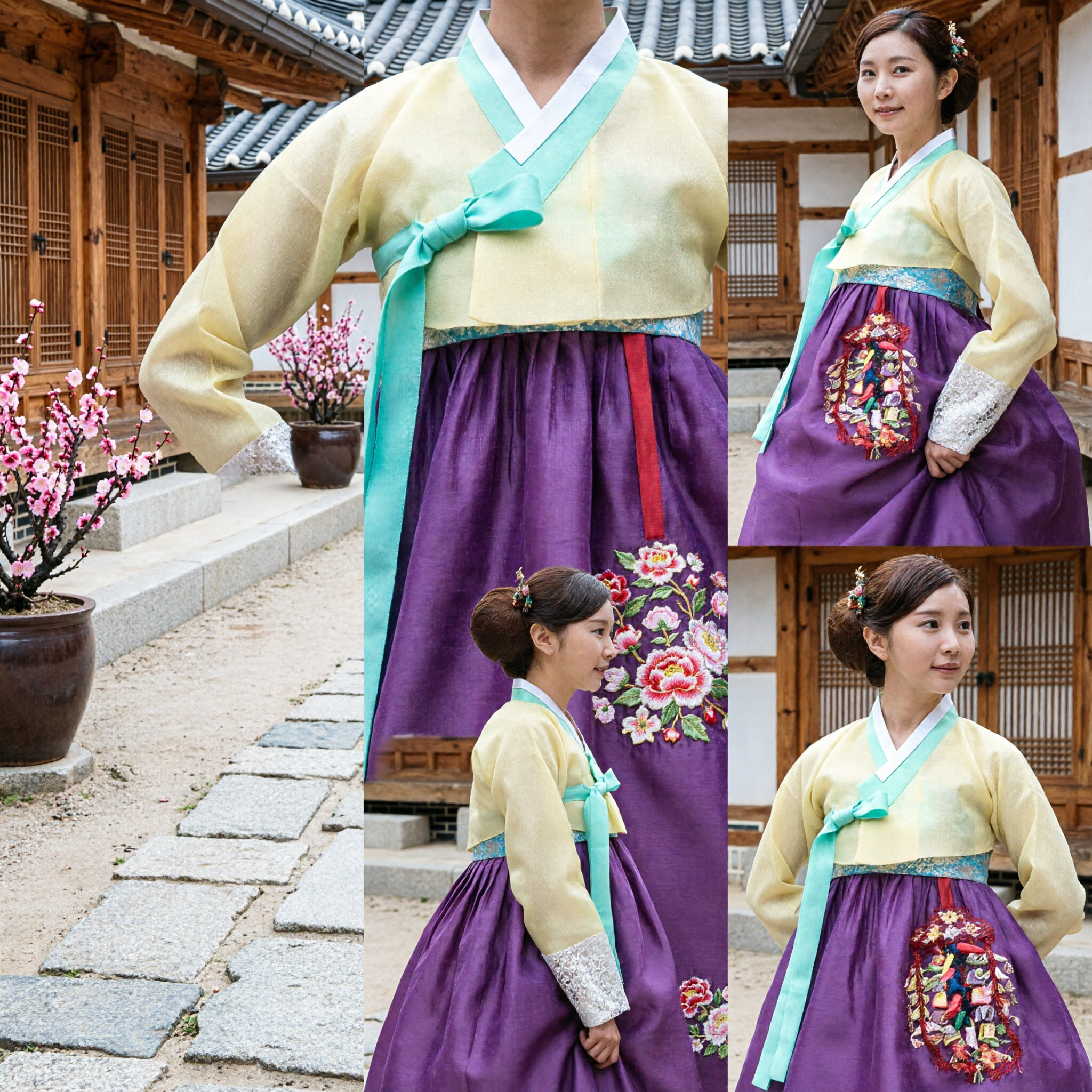 Women's Traditional Korean Hanbok Dress Pale Yellow Jeogori Purple Chima Formal Wedding Costume