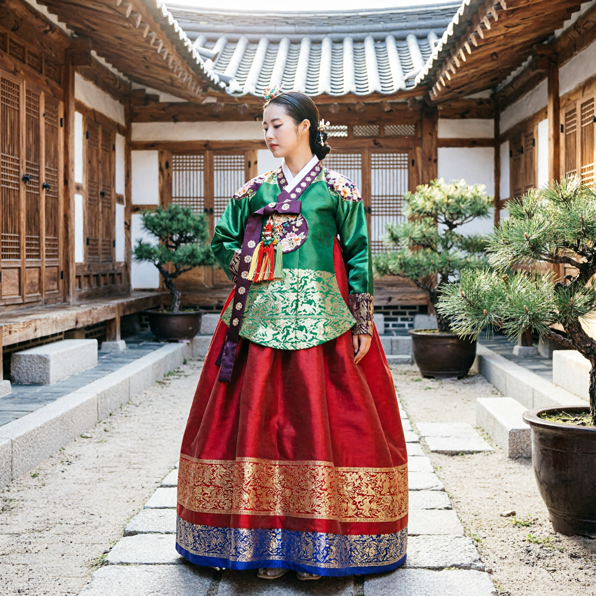 Women's Traditional Korean Hanbok Set Green Floral Jeogori and Red Gold Chima for Wedding and Formal Events