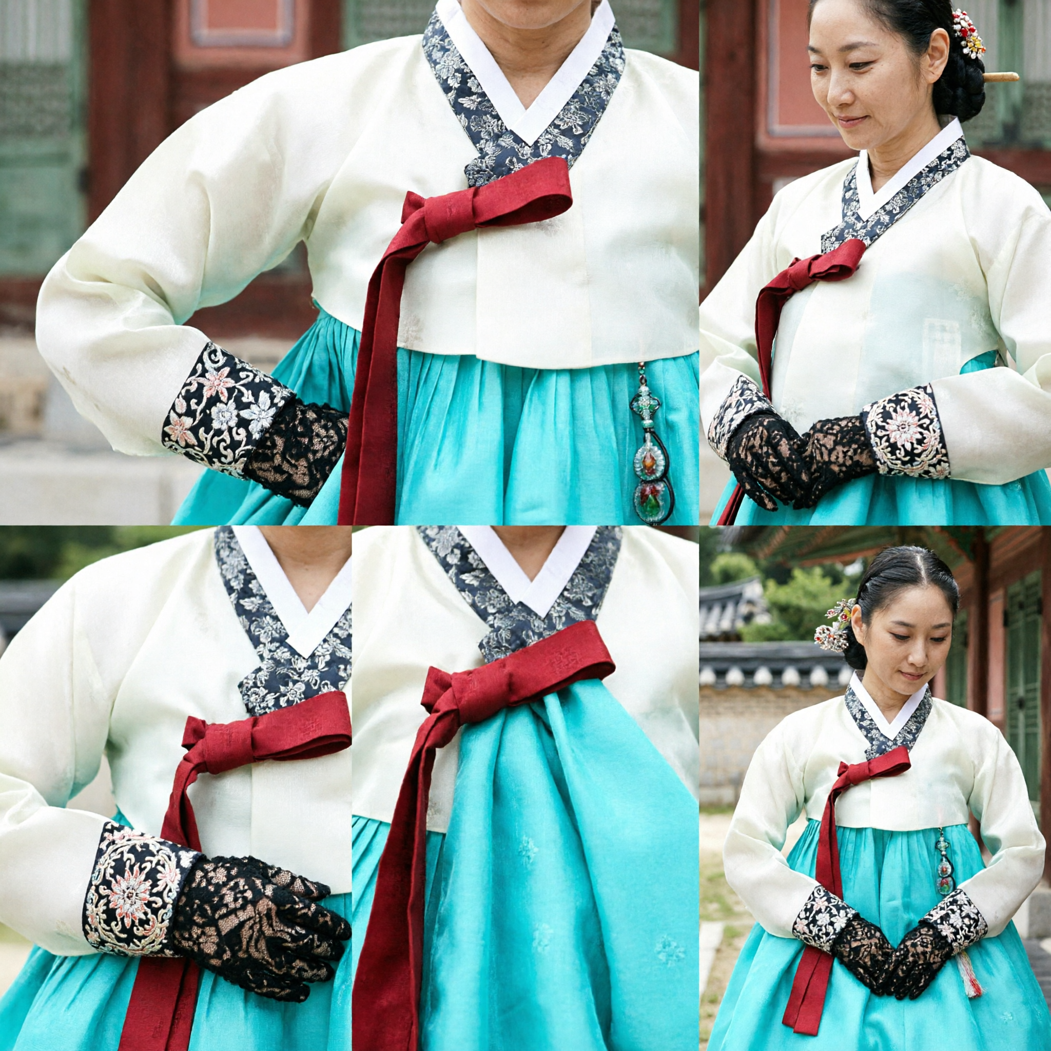 Elegant Women's Traditional Korean Hanbok Dress Cream Top Turquoise Skirt for Wedding and Festivals