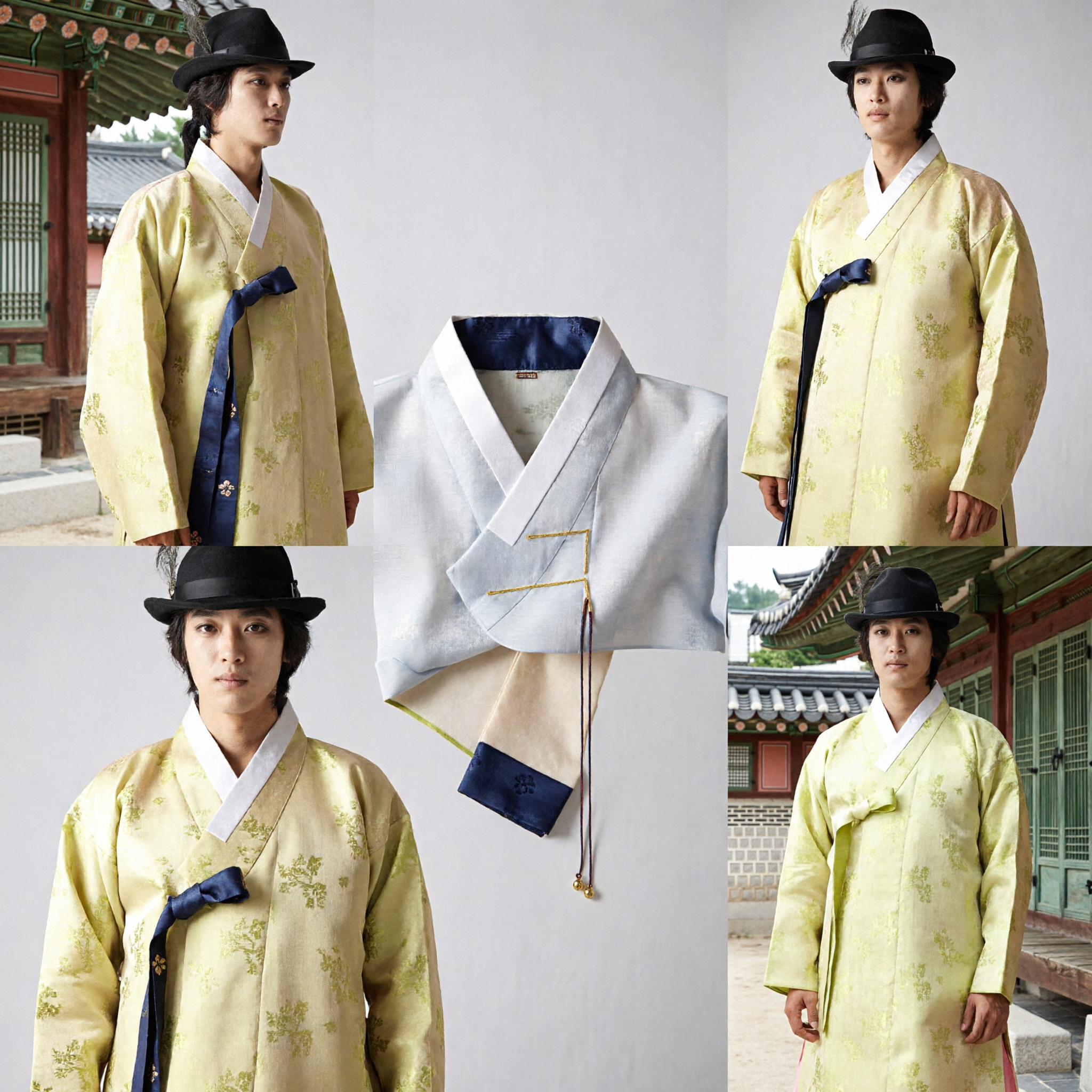 Men's Traditional Korean Hanbok Set with Feathered Gat Hat for Weddings and Historical Events