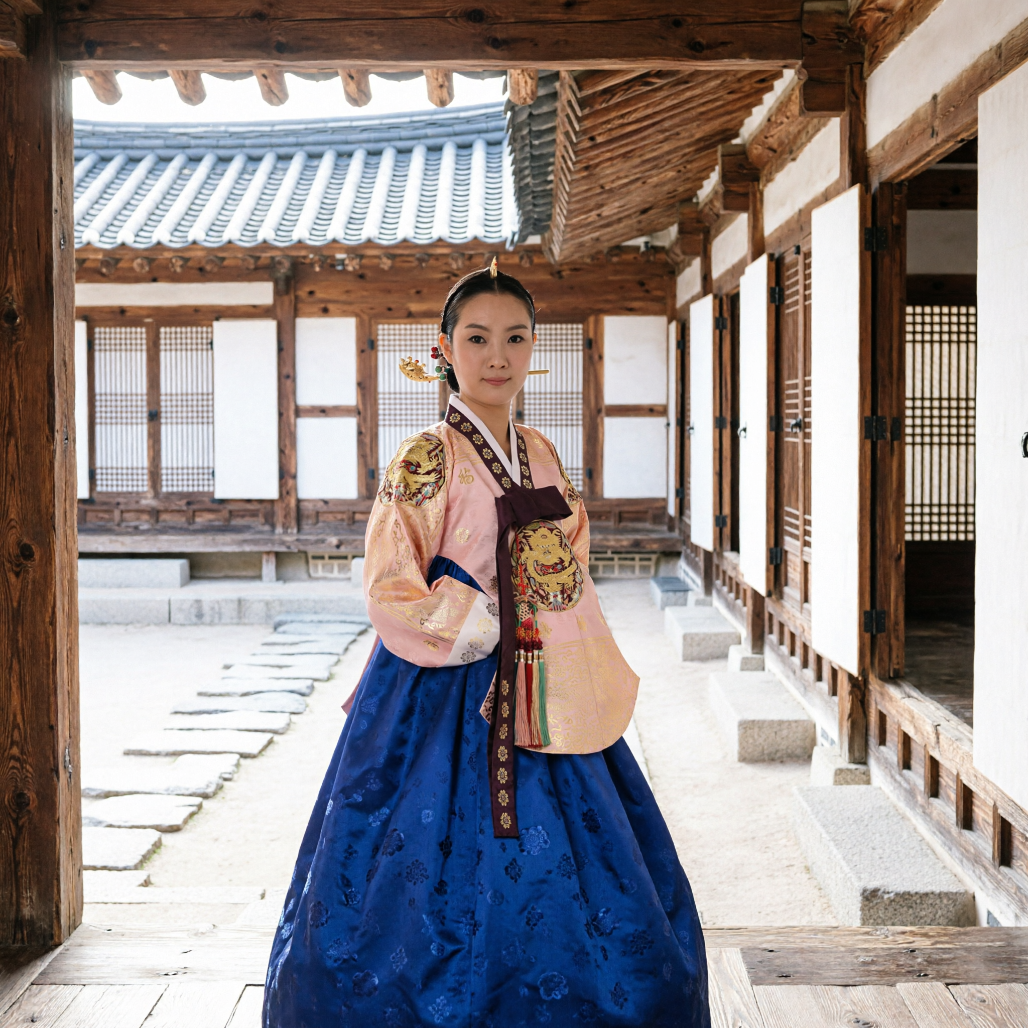 Traditional Korean Hanbok Costume Ancient Palace Lady Dress Pink Embroidered Jeogori Blue Chima for Women