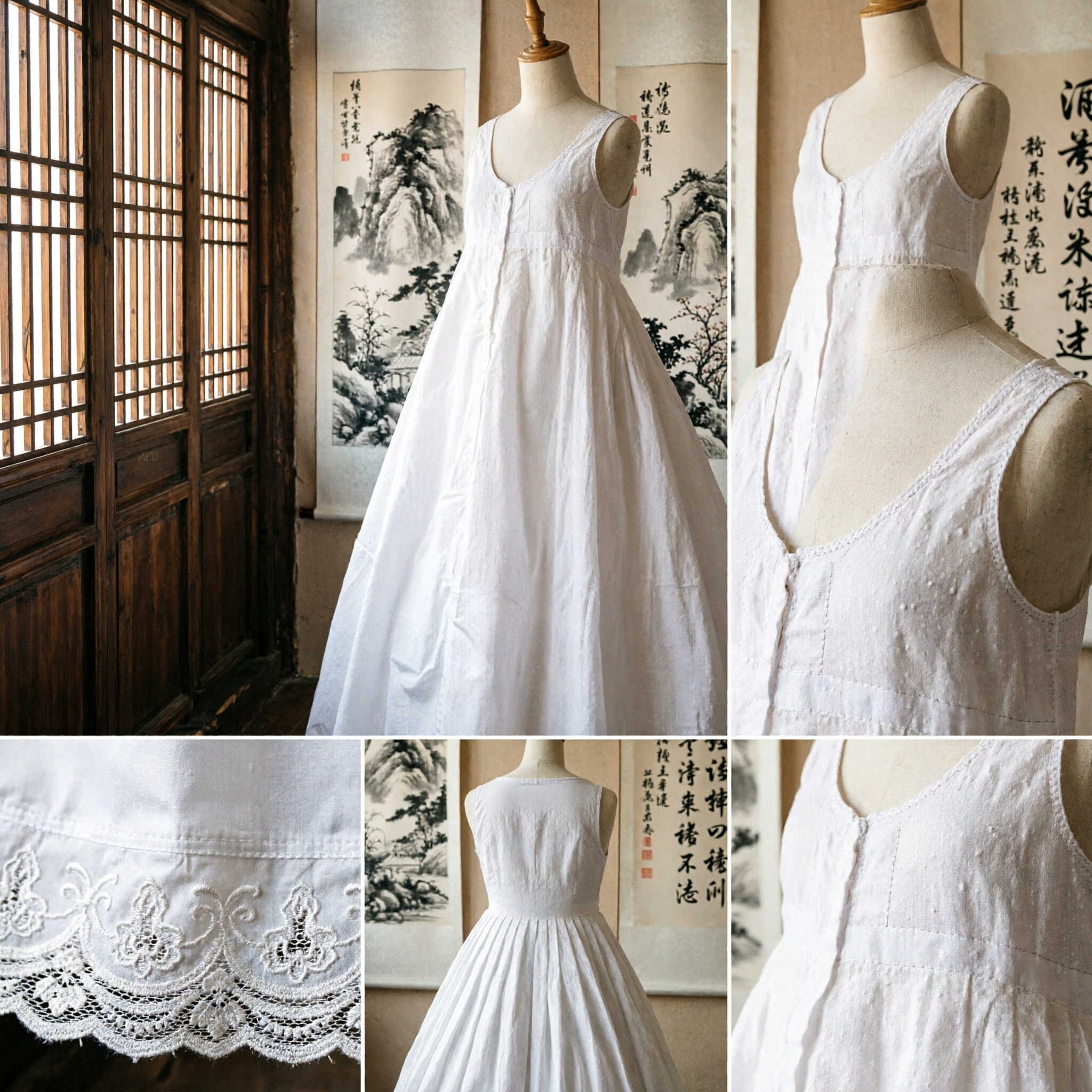 Women's White Cotton Traditional Chinese Underskirt with Lace Trim for Hanfu Costume Base Layer