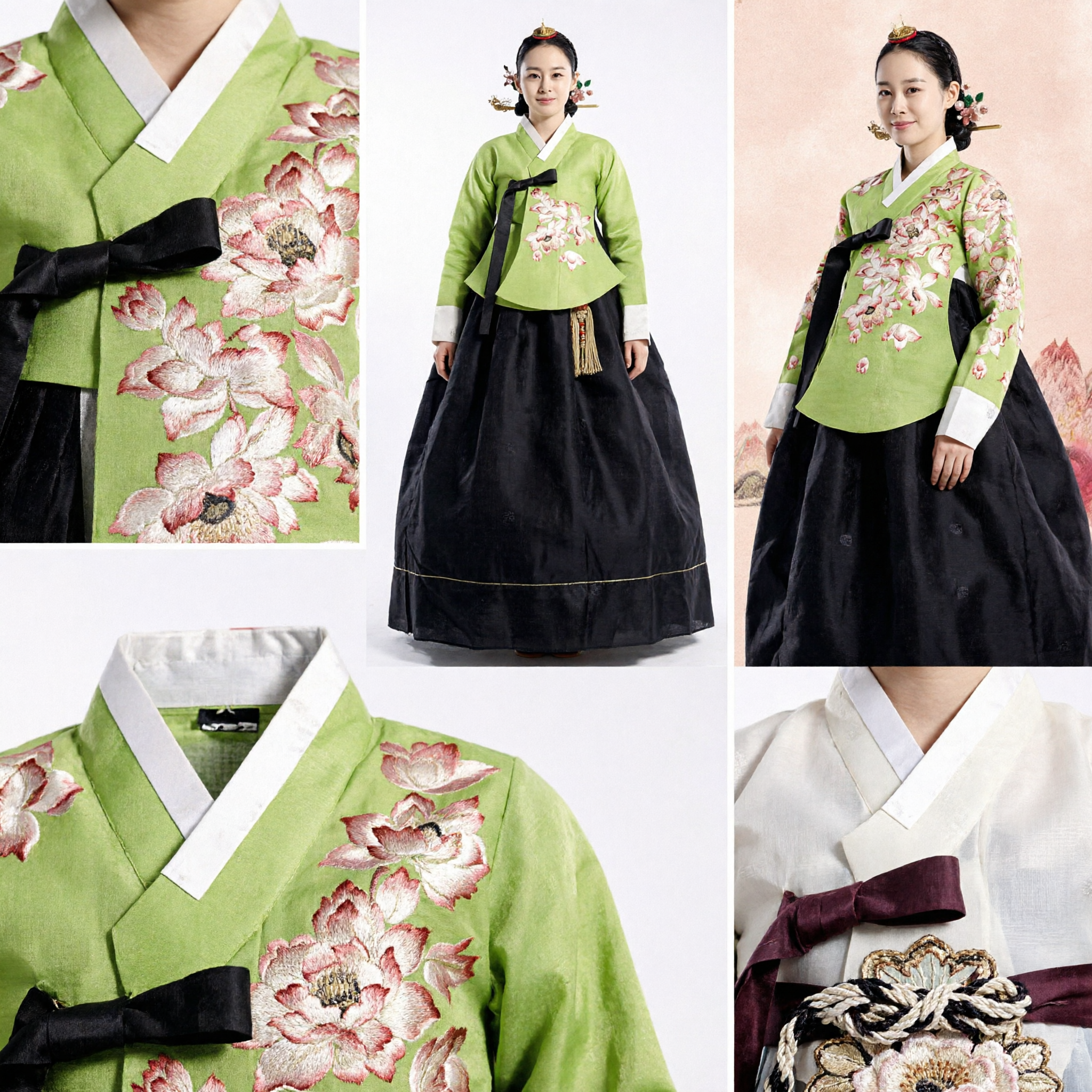 Elegant Green Floral Embroidered Jeogori Traditional Korean Hanbok Dress Set for Women Formal Occasions