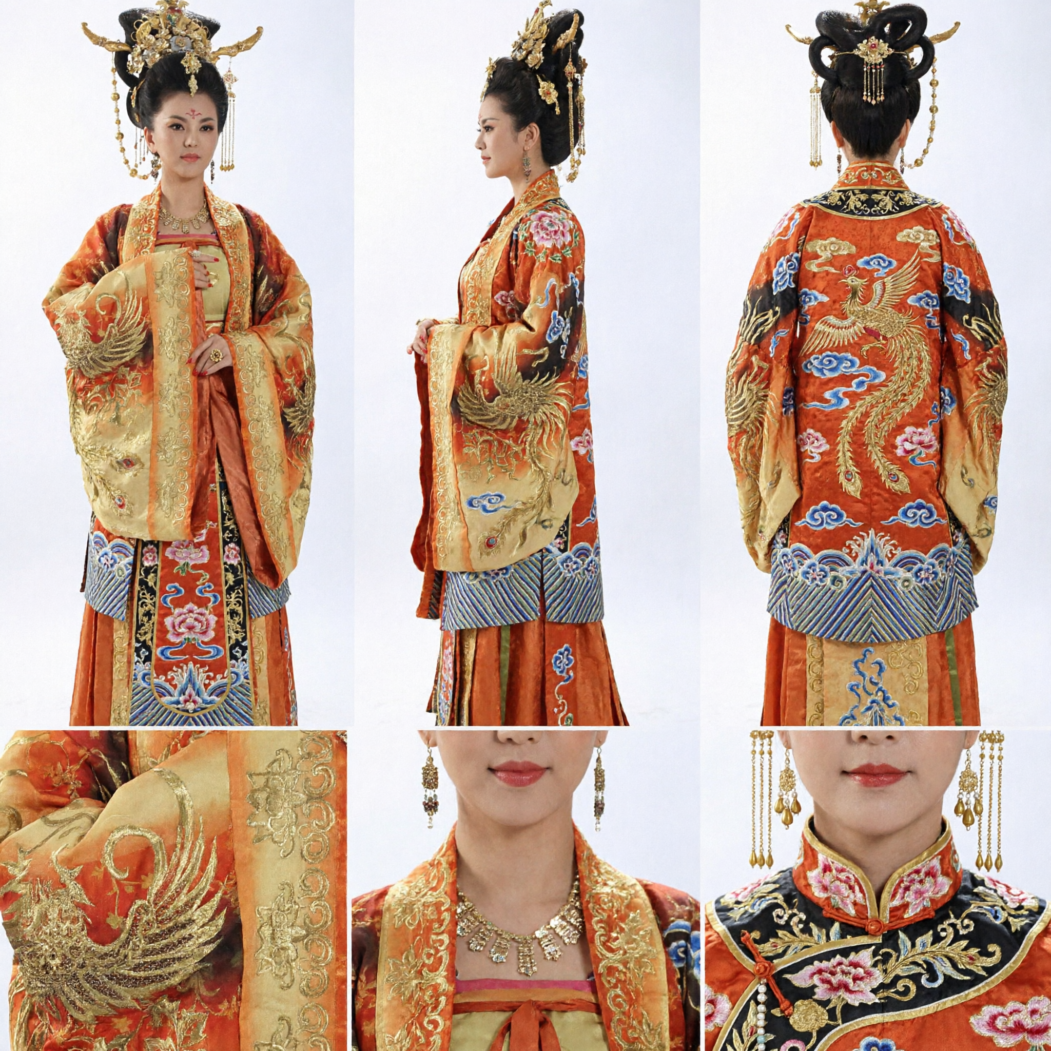 Ancient Chinese Tang Dynasty Palace Lady Costume Orange Gold Phoenix Embroidery Hanfu Dress for Women Performance