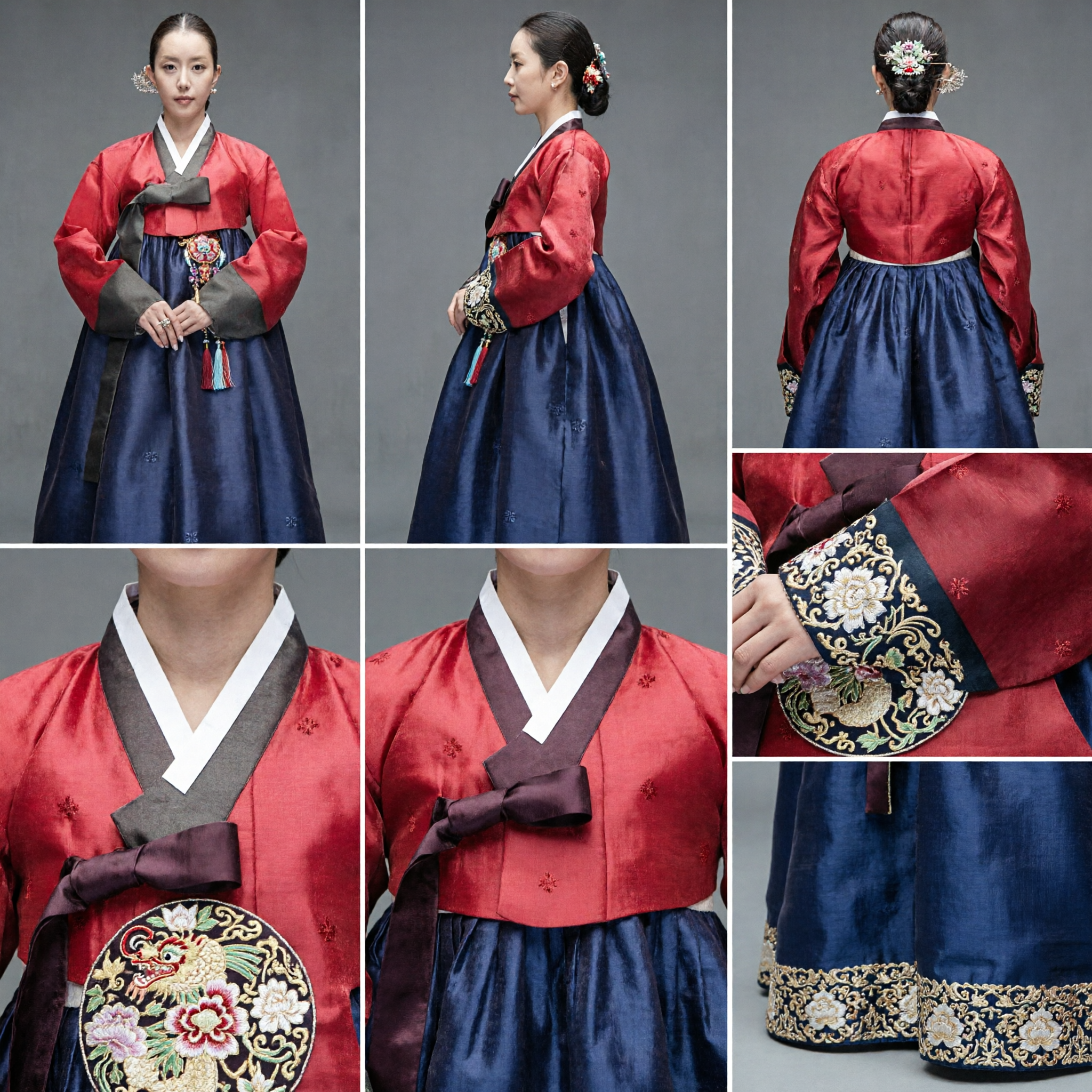 Elegant Red and Navy Korean Hanbok Traditional Dress Set for Women Wedding and Formal Events