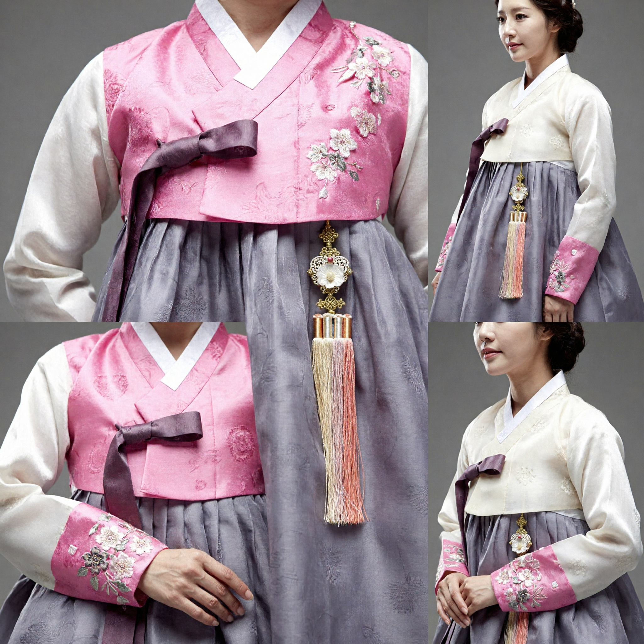 Elegant Traditional Korean Hanbok Dress for Women Pink Embroidered Top Grey Skirt Wedding Festival Costume