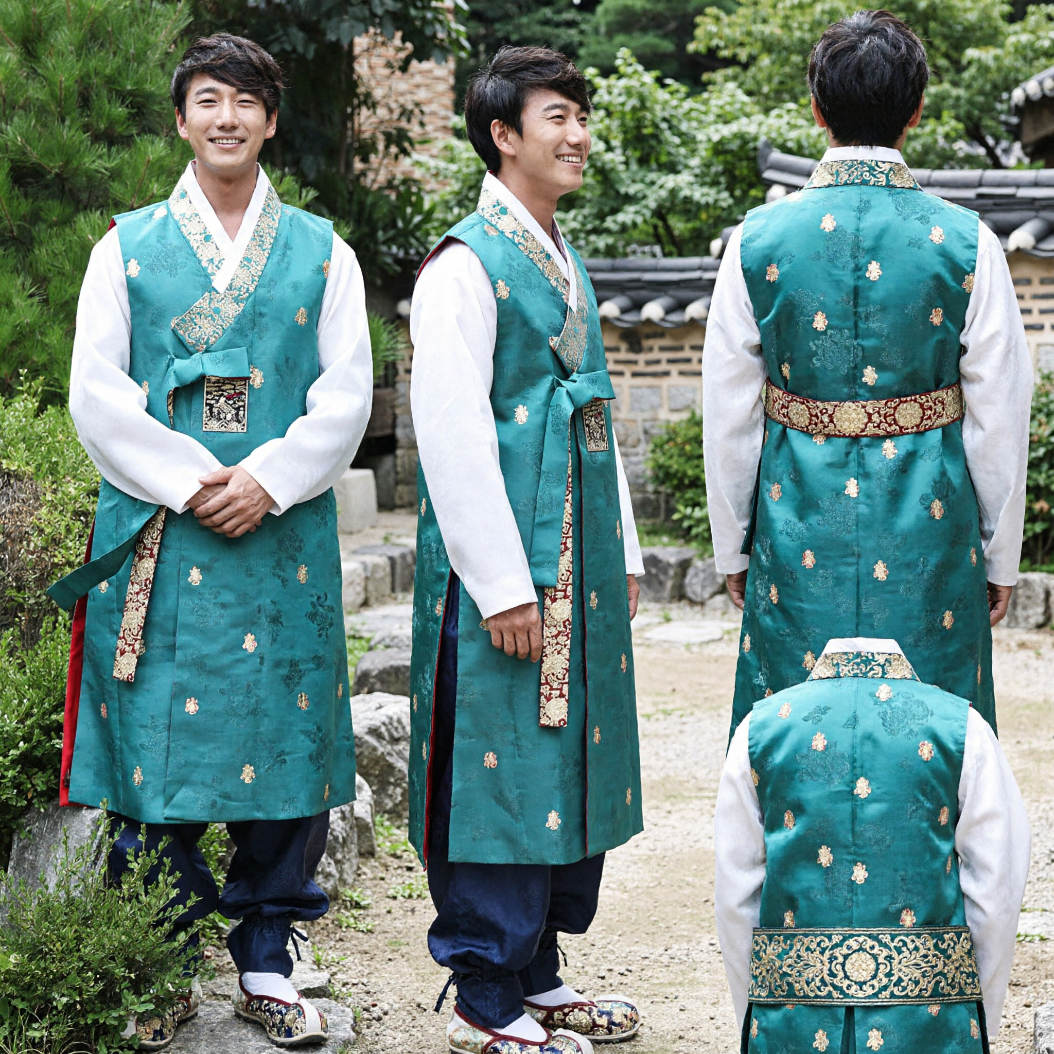 Men's Traditional Korean Hanbok Teal Wedding Vest Set with Gold Trim for Groom Ceremony