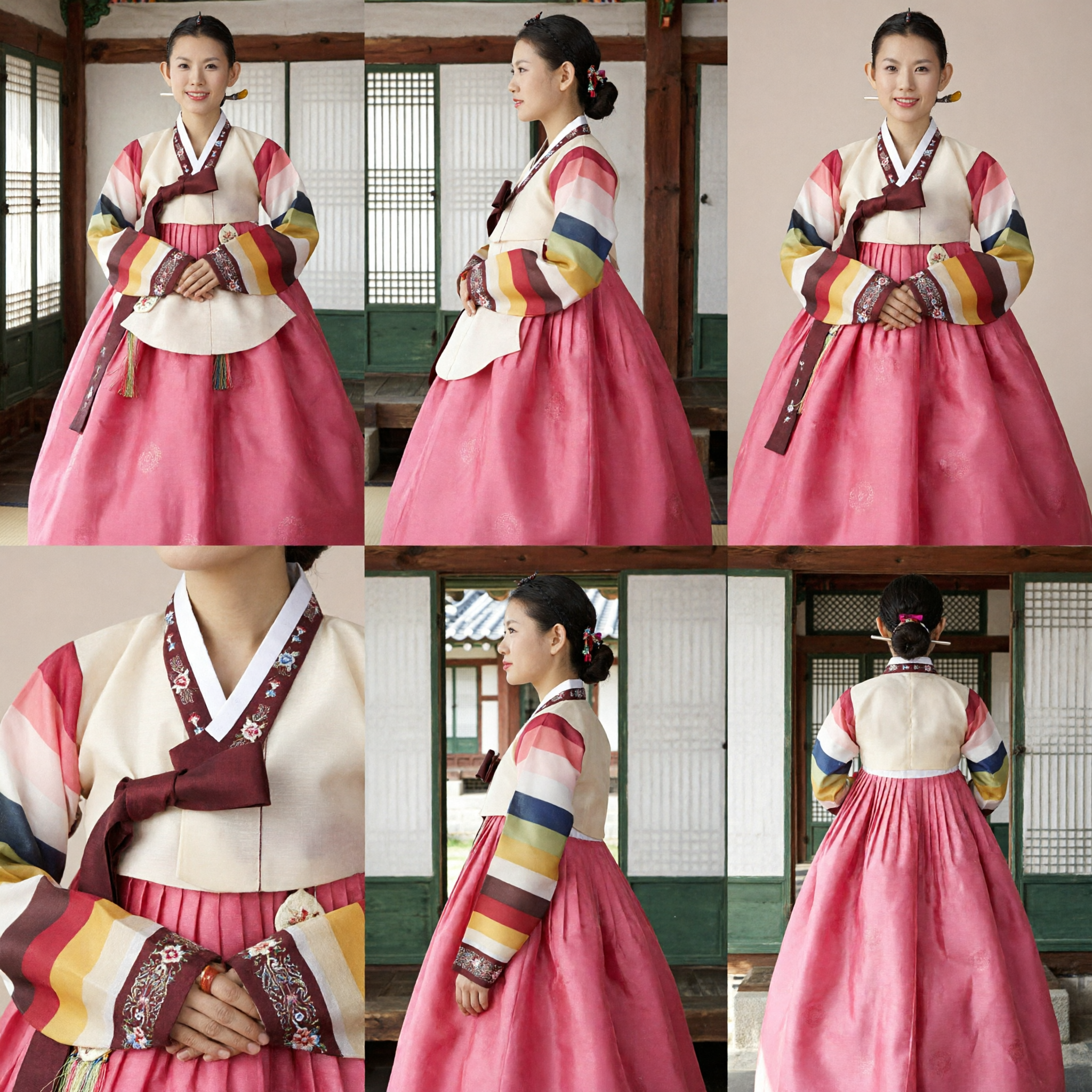 Traditional Korean Hanbok Dress for Women Colorful Striped Jeogori Top and Pink Chima Skirt for Festivals
