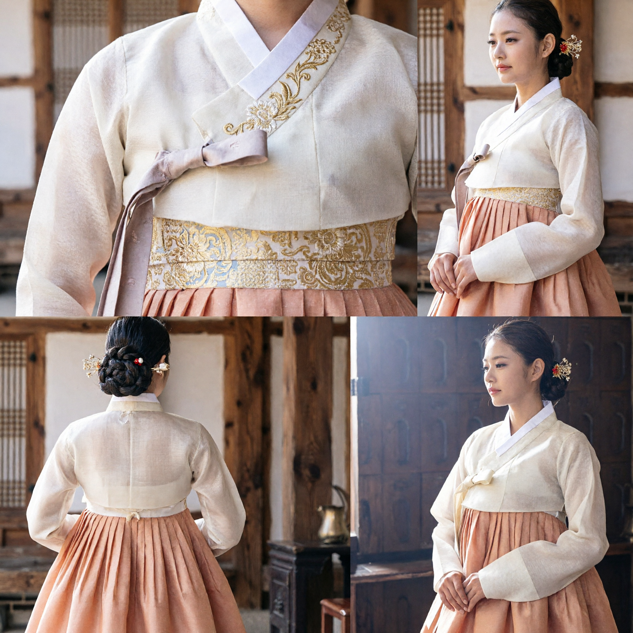 Elegant Korean Hanbok Traditional Dress for Women Featuring White Jeogori and Peach Chima for Weddings