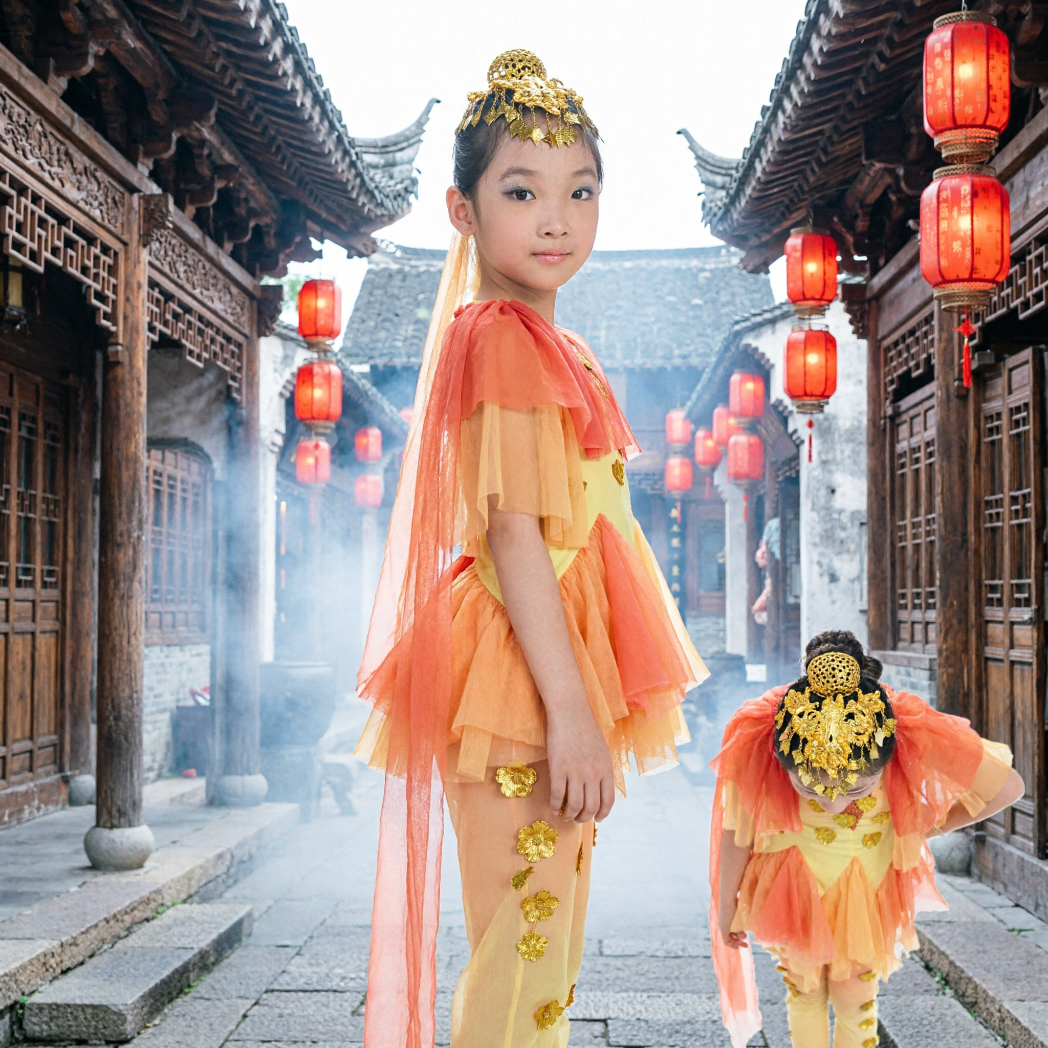 Children Yellow Sunflower Dance Costume Girls Traditional Chinese Folk Stage Performance Dress with Golden Headpiece