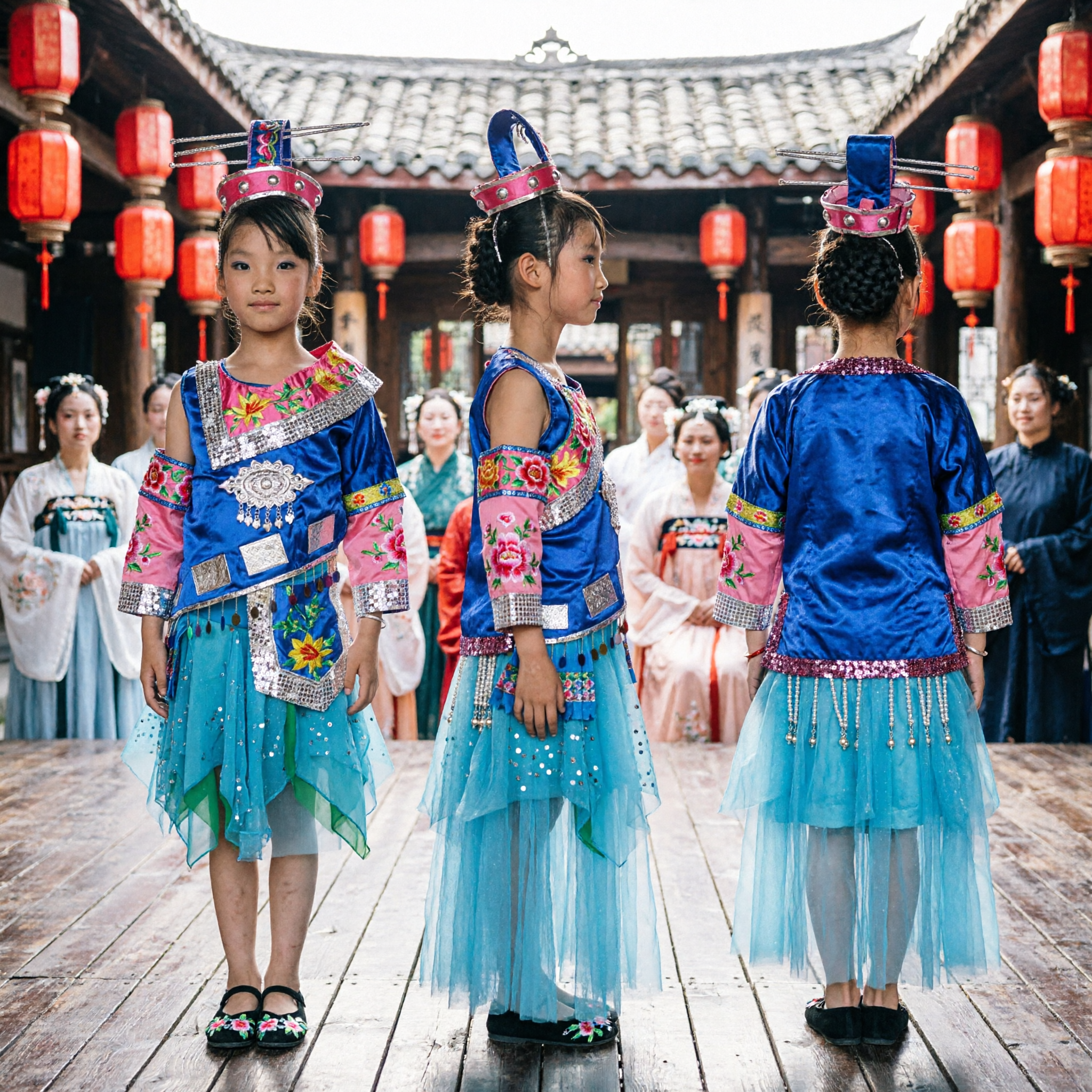 Girls Traditional Chinese Folk Dance Costume Blue Miao Minority Dress with Headpiece for Stage Performance