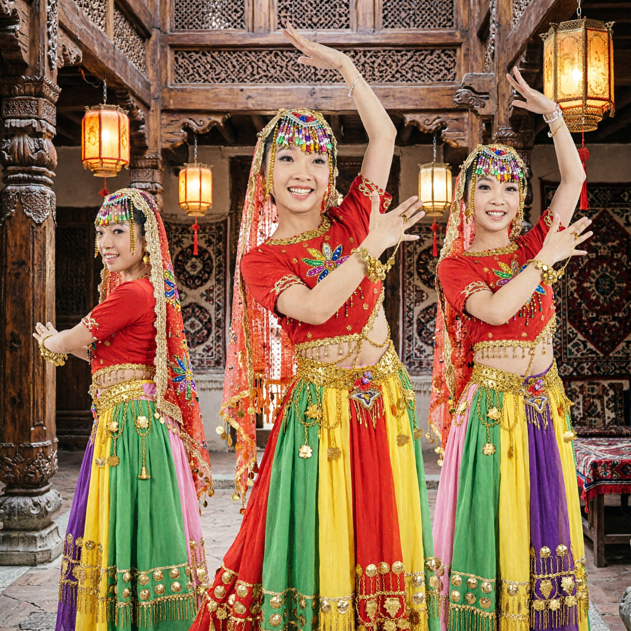 Women's Indian Folk Dance Costume Red Embroidered Top and Multi-Color Skirt with Gold Coin Jewelry Set