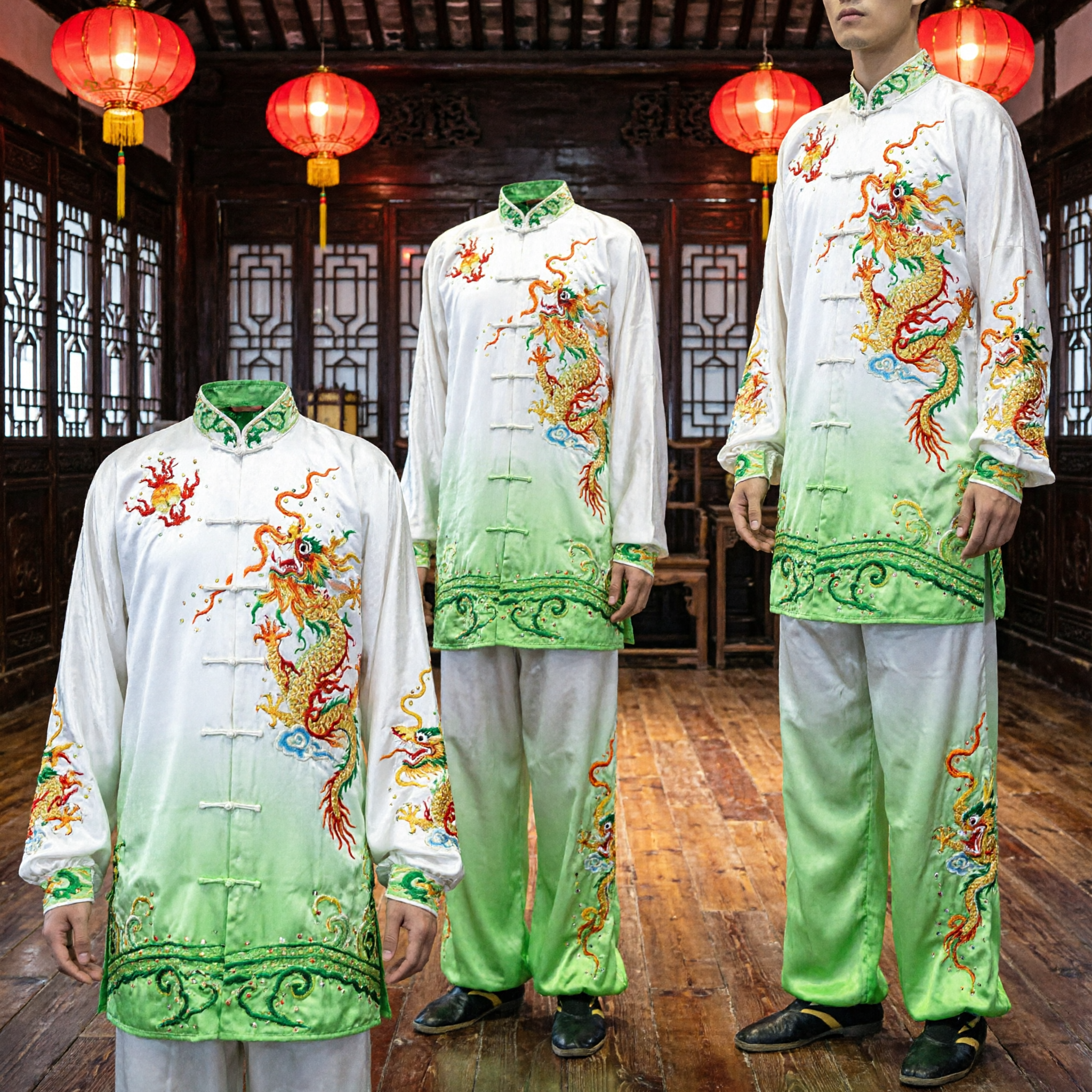 Men's Silk Wushu Uniform Kung Fu Suit with Dragon Embroidery for Tai Chi Competition and Performance