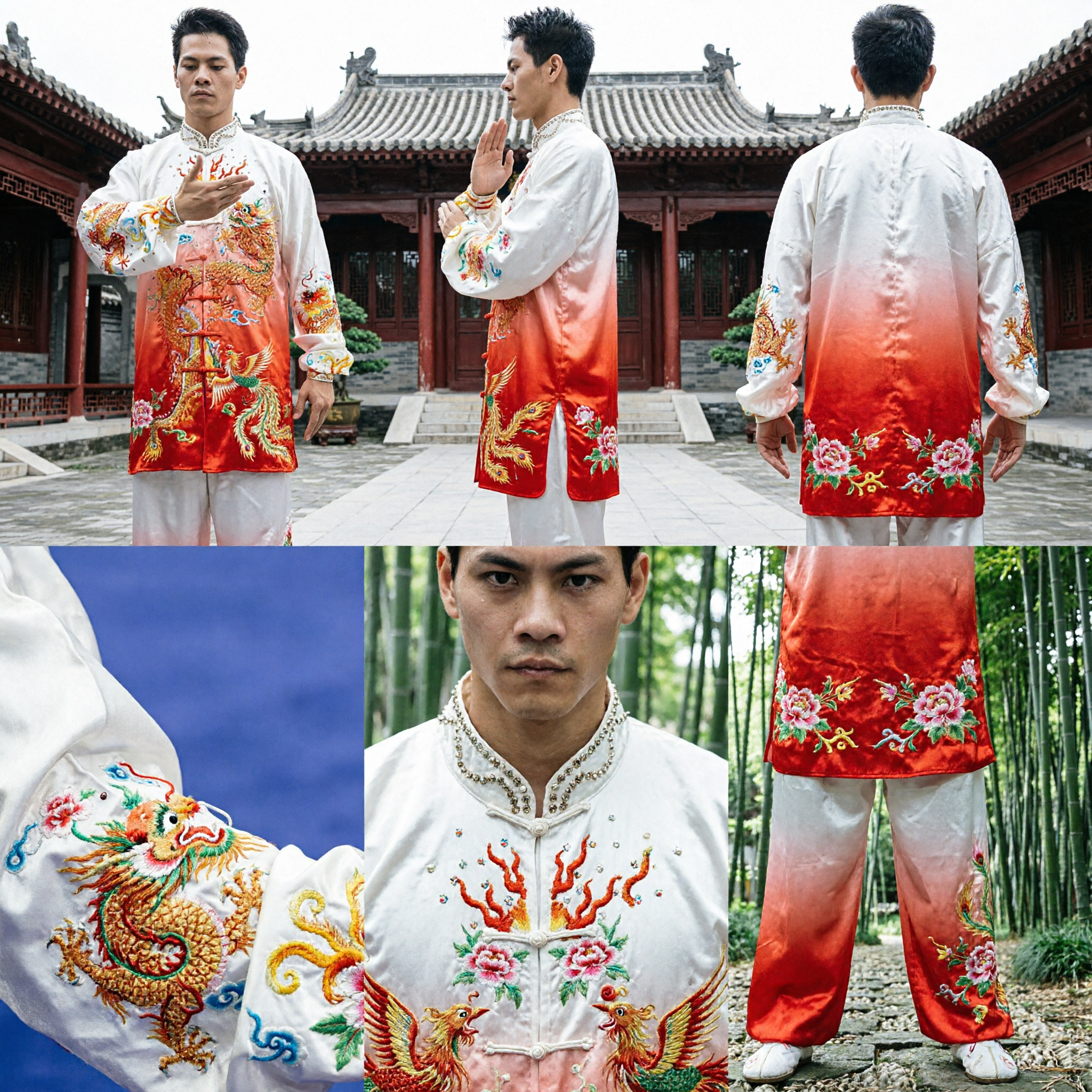 Men's White Dragon Embroidery Kung Fu Uniform Traditional Chinese Wushu Tai Chi Competition Costume