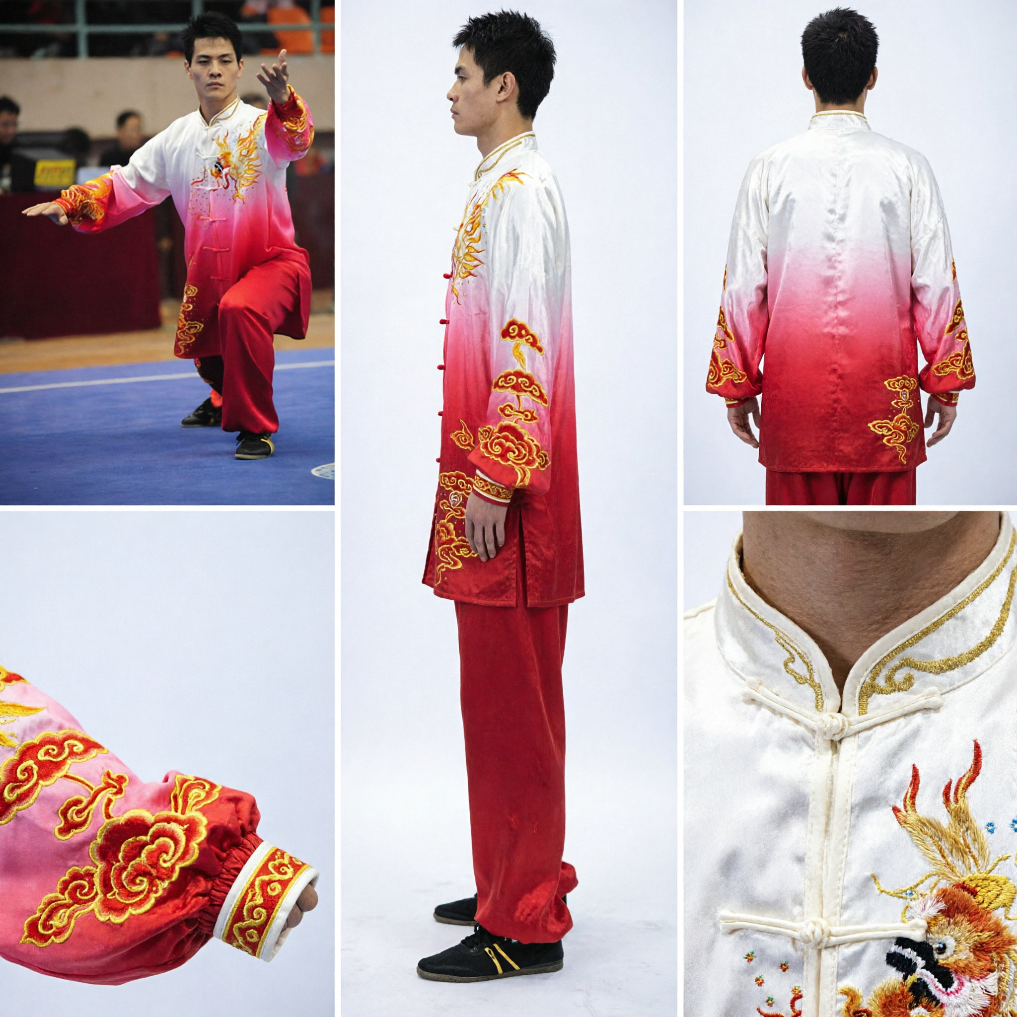 Men's Traditional Wushu Kung Fu Uniform Gradient Red Dragon Embroidery Tai Chi Competition Suit