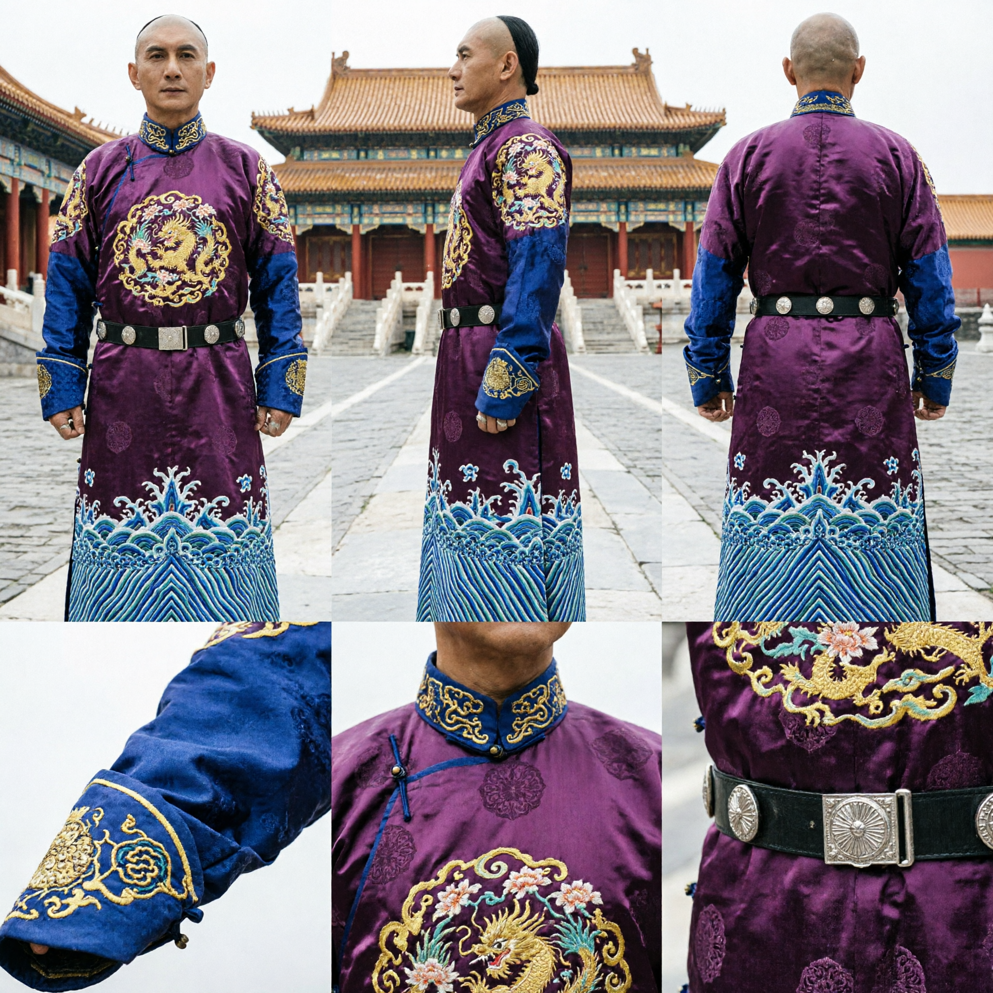 Men's Traditional Chinese Qing Dynasty Manchu Prince Purple Riding Robe Historical Costume for Cosplay and Drama