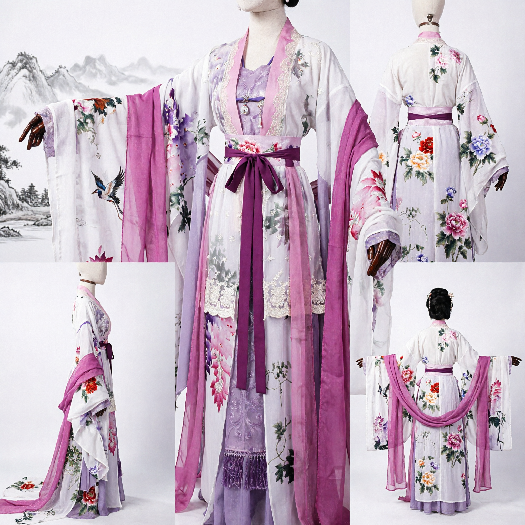 Traditional Chinese Hanfu Tang Dynasty Fairy Dress Pink Purple Floral Cosplay Costume for Women