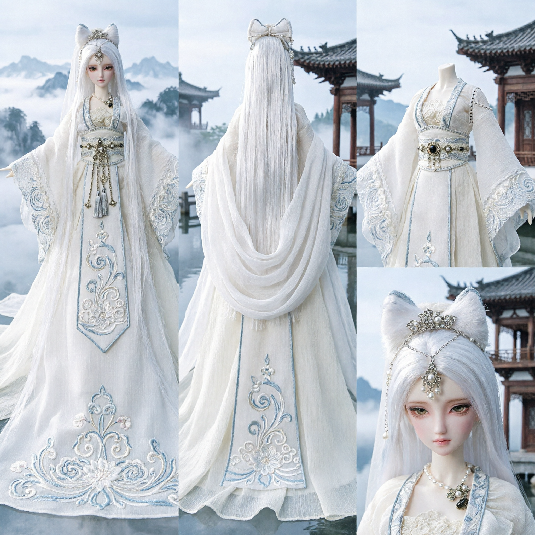 Elegant White Fox Spirit Hanfu Costume for BJD Doll Traditional Chinese Ancient Fantasy Dress for Display