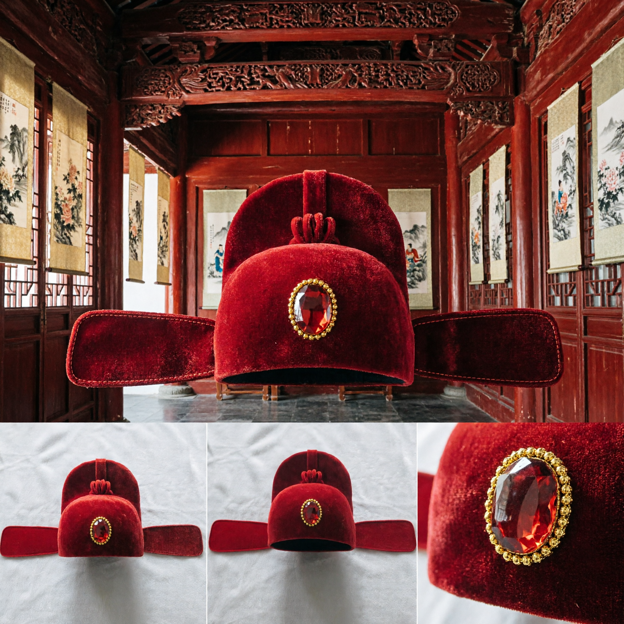 Traditional Chinese Ming Dynasty Official Hat Red Velvet Wushamao Costume Accessory for Men Wedding Hanfu